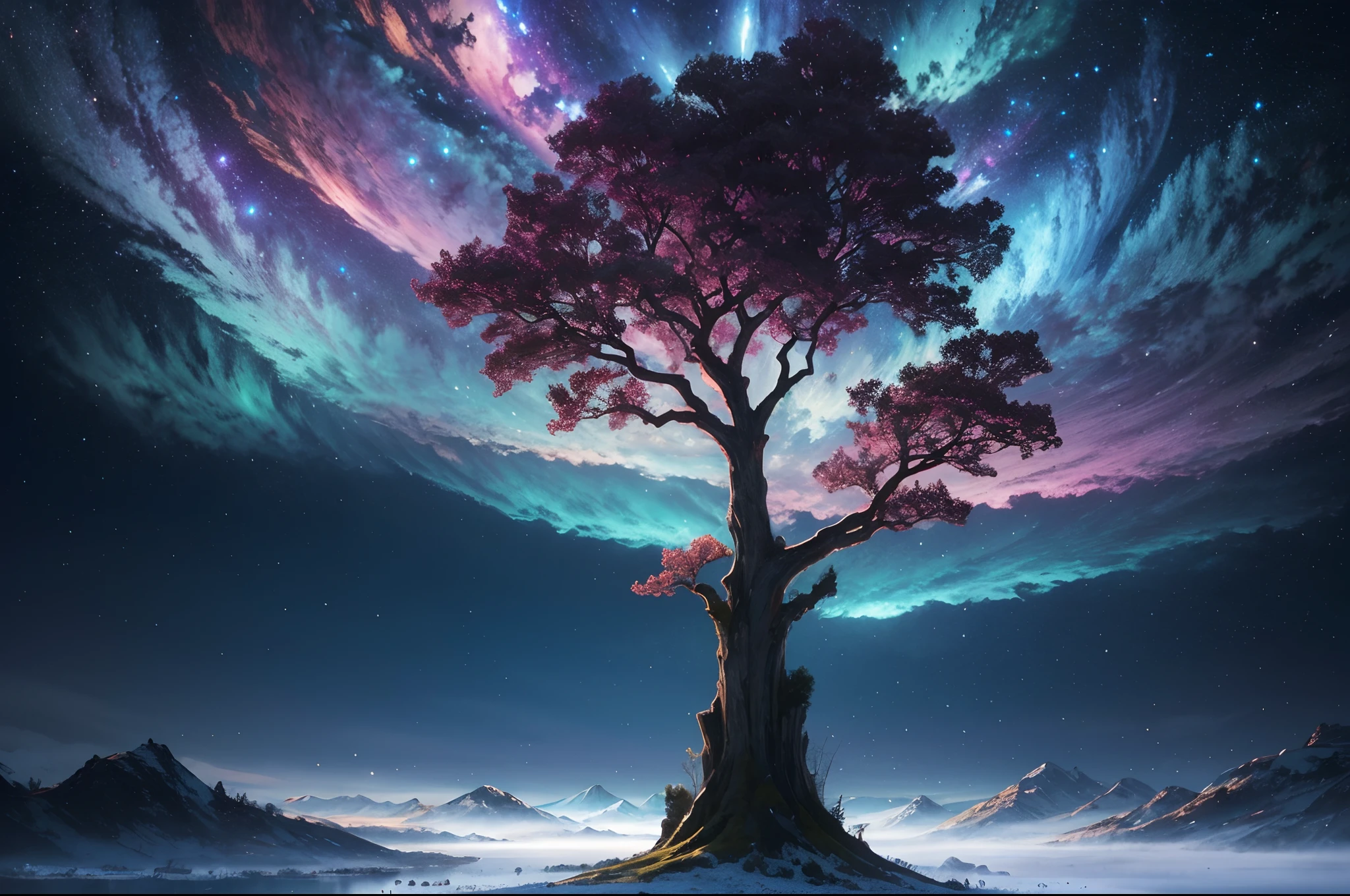 (a majestic, glowing tree:1.1, fantasy), (vibrant colors:1.1, colorful), (double exposure, galaxy-like scenery), (bright lights, dreamy atmosphere), (best quality, highres), (landscape, nature), (mystical, magical, enchanting), (peaceful, tranquil), (ethereal, surreal), (starlight, shimmering), (harmonious, balanced), (soft, gentle), (serene, breathtaking).