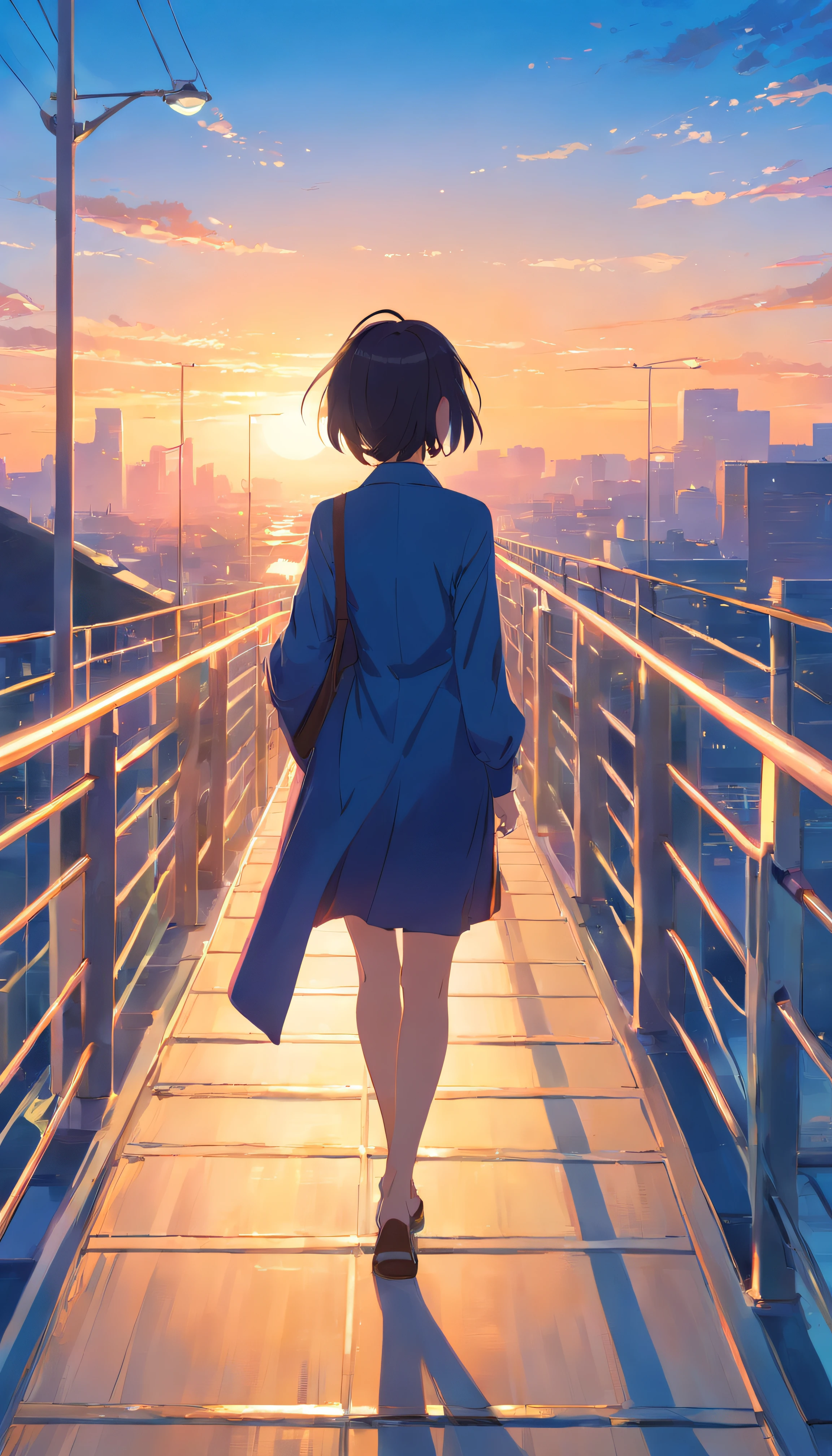 A woman twilight on a pedestrian bridge in the morning. The sun is diagonally above. Fantastic blue sky. Close-up of upper body. Oblique back view, high quality down to the last detail. Fantastic landscape . People large .
