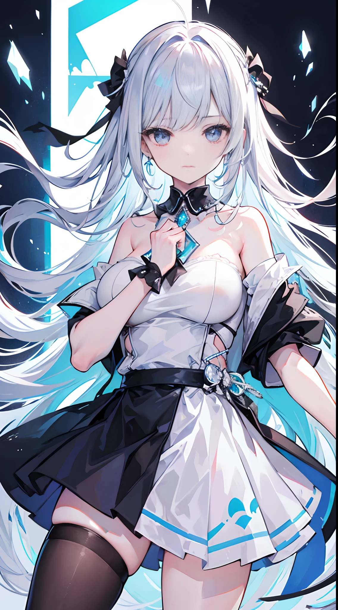 one-girl,Long hair in two colors,The left half is silvery-white emanated,The right half is a light blue slightly curly Roman hairstyle,Curtain of broken hair,Heterochondria with a crystal red eye,A crystal blue eye,Eyes are clear,Open your mouth slightly,A crystal-blue shattered aura floated overhead,The girl wears white off-the-shoulder short sleeves and a black coat,The black coat falls off under the shoulders,Light blue short sleeves,black lence stockings,Hold your hands in front of your chest,Very painful expression,A sticker with a heart on his face,The whole picture has the feeling of a girl falling down,Hair, clothes, etc. should also feel like they are falling,huge tit