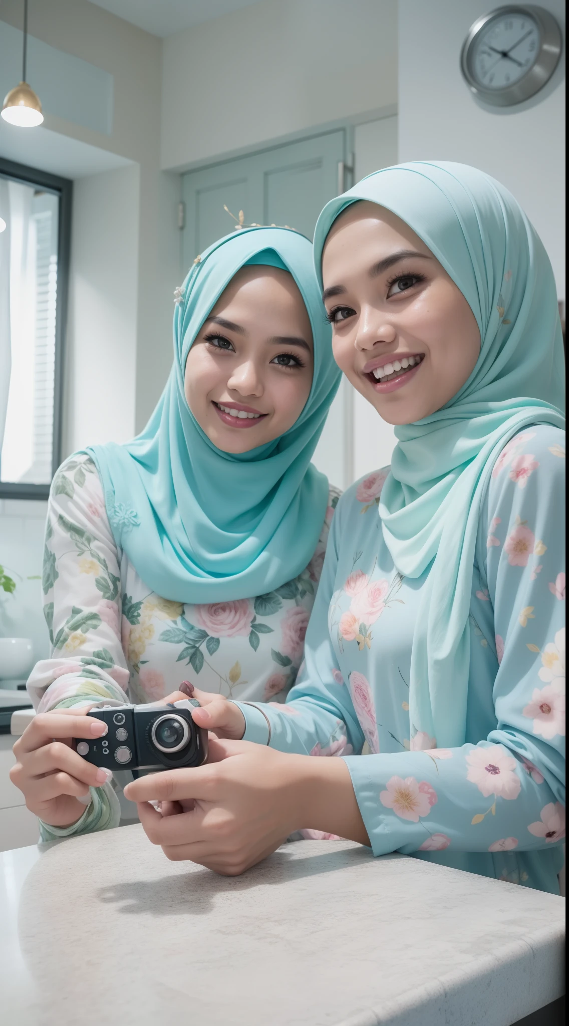 4 beautiful malay girl in pastel color hijab taking picture in modern kitchen, wear pastel blue and white floral pattern baju kurung, friendly and laughing situation, laughing, happy, modern pastel color kitchen, detailed skin texture, soft lighting, pastel color theme, high quality, movie shot framing, ultra detail, 8k,