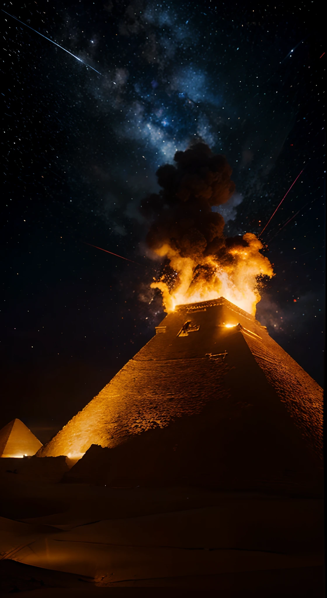 A fiery Pheonix explodes out from the top of the great pyramid of Giza into the starry night sky, 9:16 3D psychedelic blacklight poster style