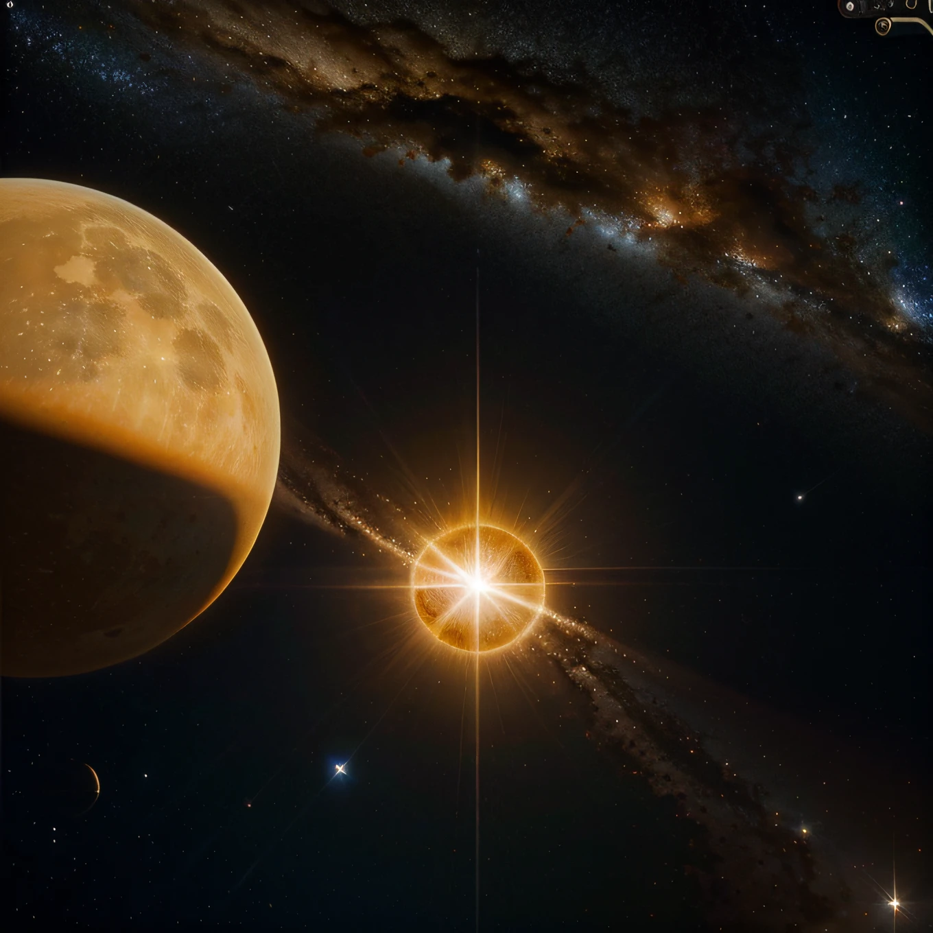 Space image, realista, apresentando o sol, lua e estrelas na mesma imagem