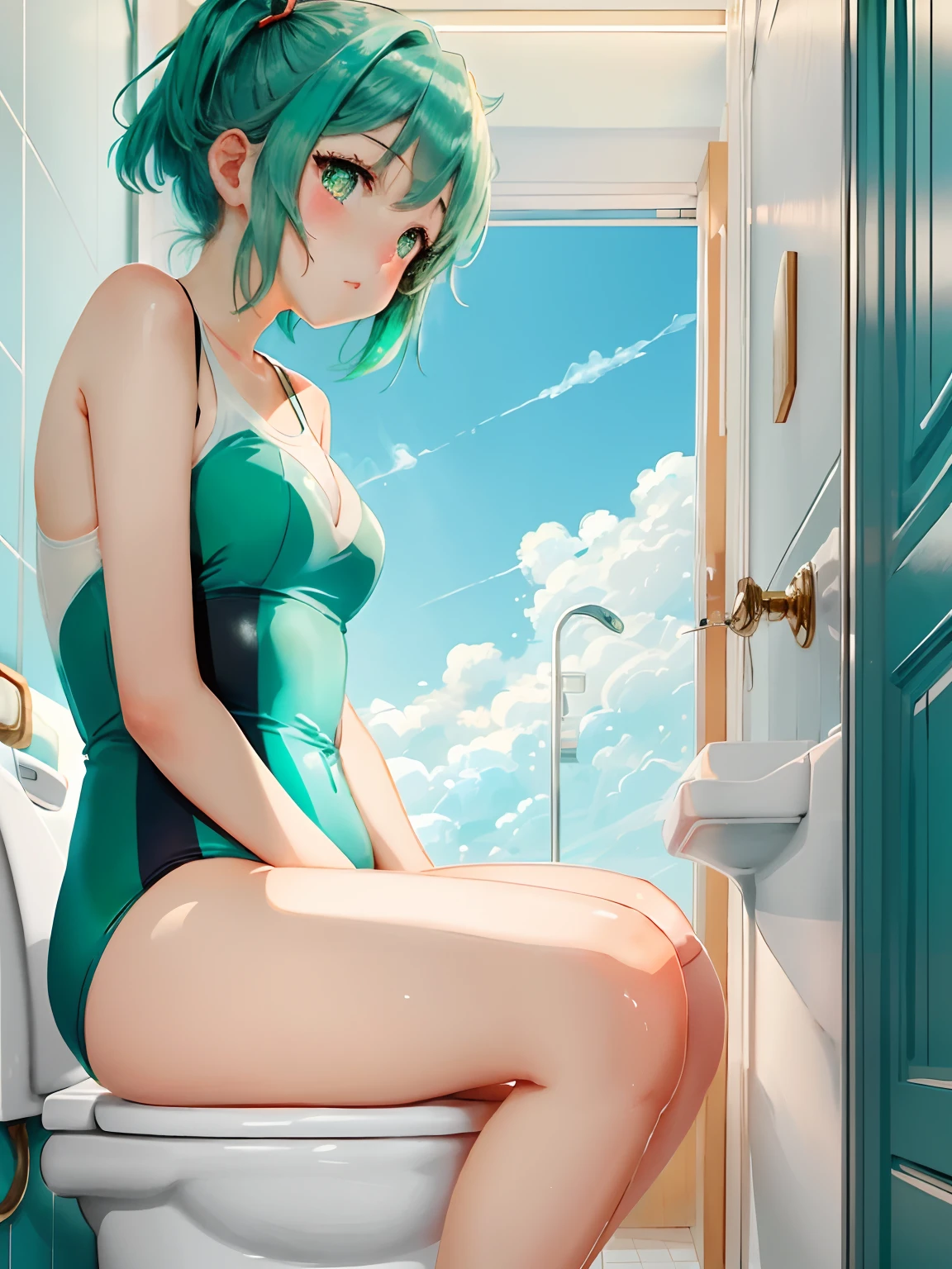 I was seen sitting on a Western-style toilet and peeing, and I panicked and held my crotch down.、Anime illustration style blue-green hair and twin-tailed high school girl in a white swimsuit looking at me with shyly looking at me with upper eyes。