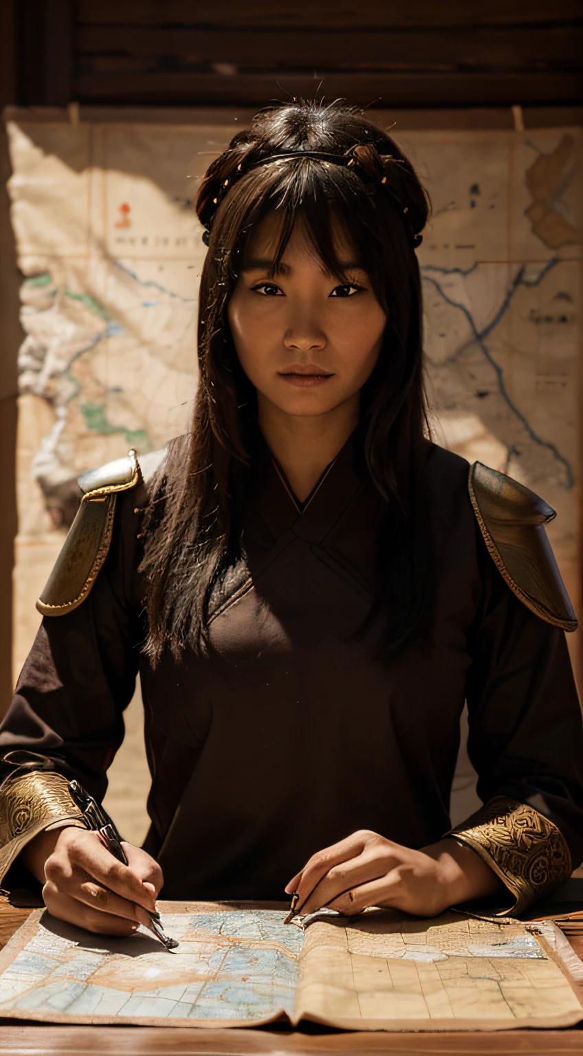 Design an image showing Genghis Khan's daughters inheriting their husbands' kingdoms, forming a protective shield around the Mongol homelands, with a map in the background indicating the territories under their control.