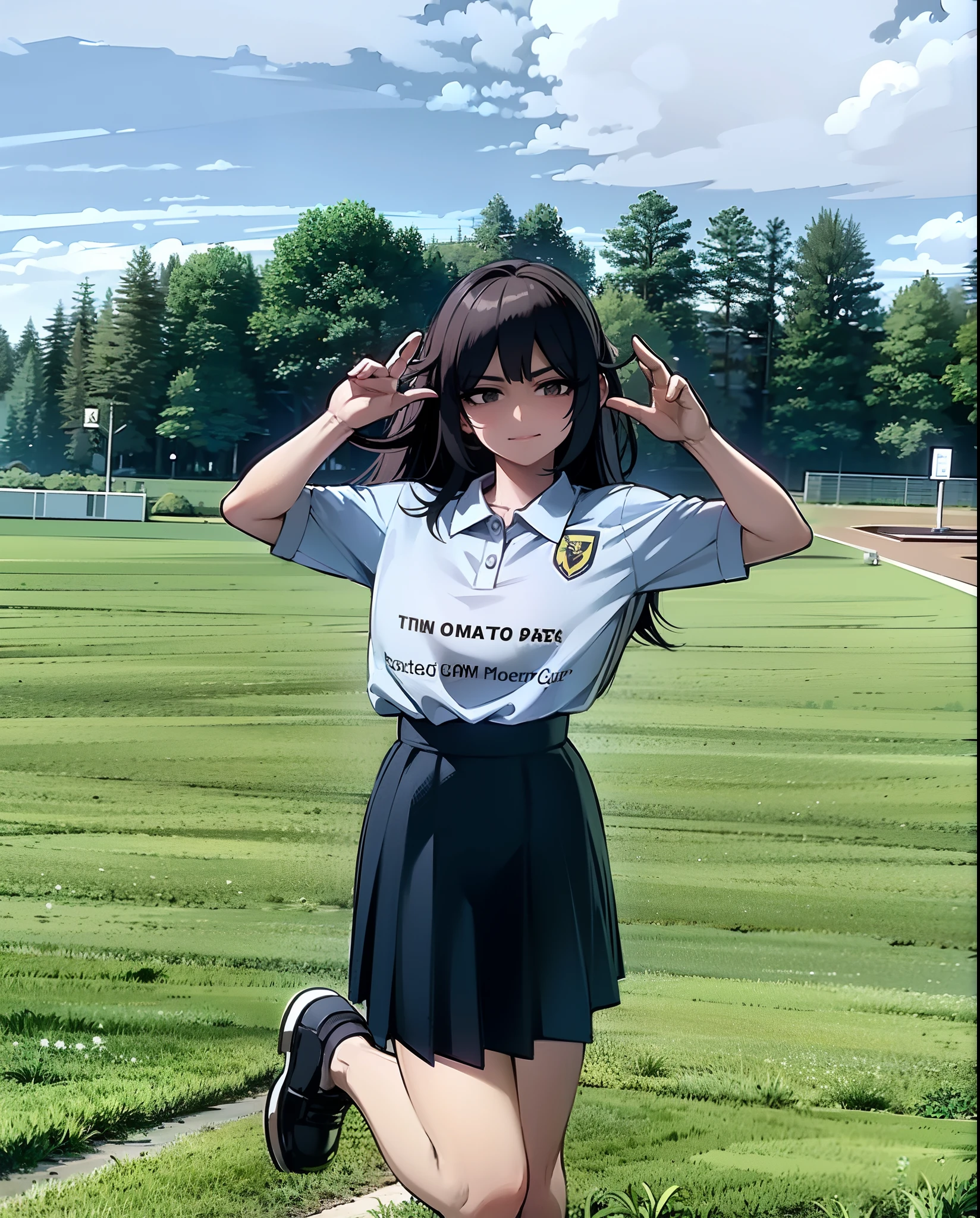there is a woman posing for a picture in a field, wearing a school soccer uniform, magic uniform university, jk uniform, magical school student uniform, 🚿🗝📝, 8k)), ssao 8 k, girl wearing uniform, uniform off - white sky, magic school uniform, wearing a volleyball jersey, anime thai girl, seifuku