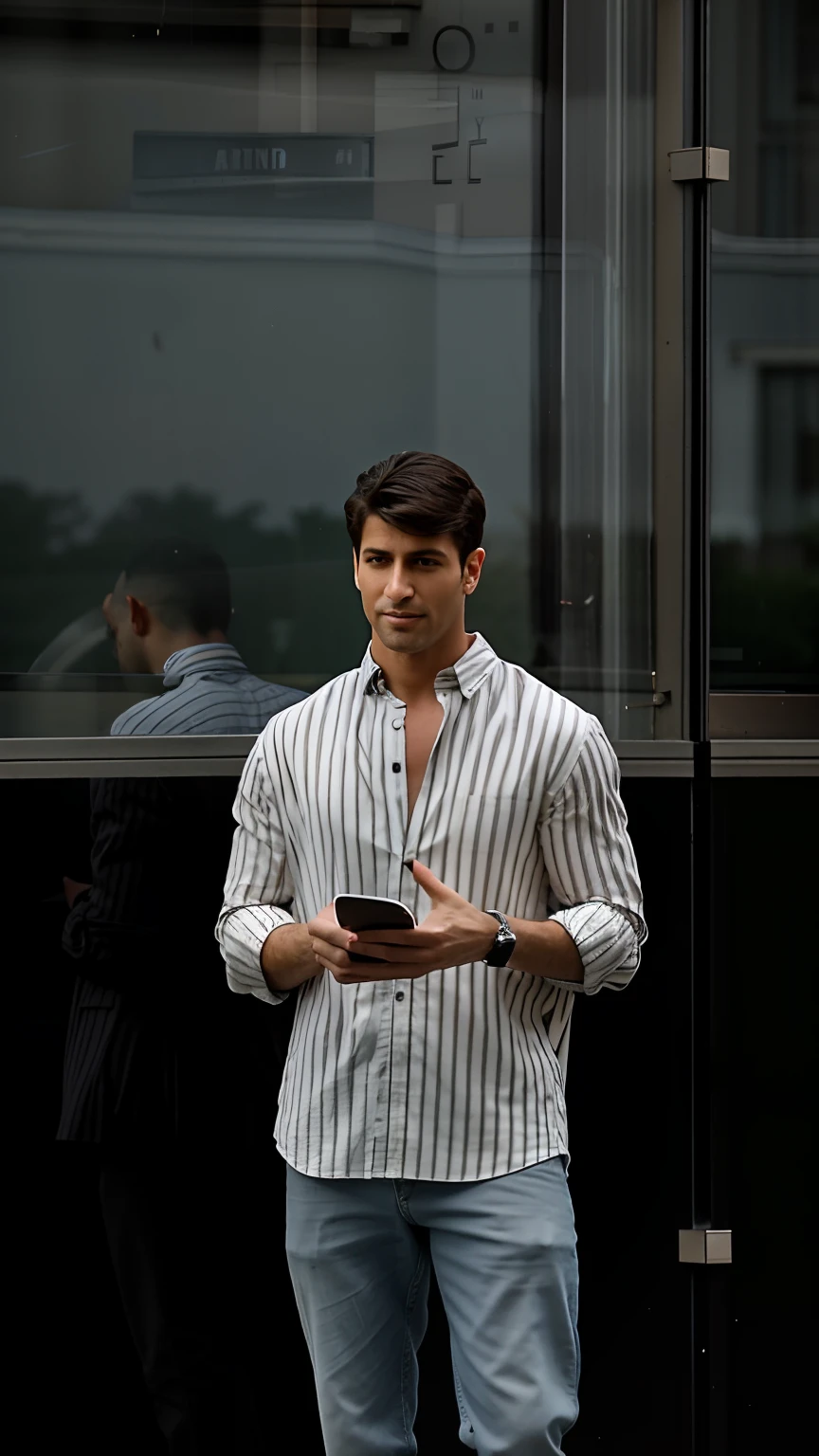 arafed man standing outside of a building using a cell phone, looking at his phone, mid-shot of a hunky, handsome male, handsome and attractive, very handsome, he is holding a smartphone, handsome man, extremely handsome, on the street, on the street, attractive man, on a street, wearing a linen shirt, dressed casually