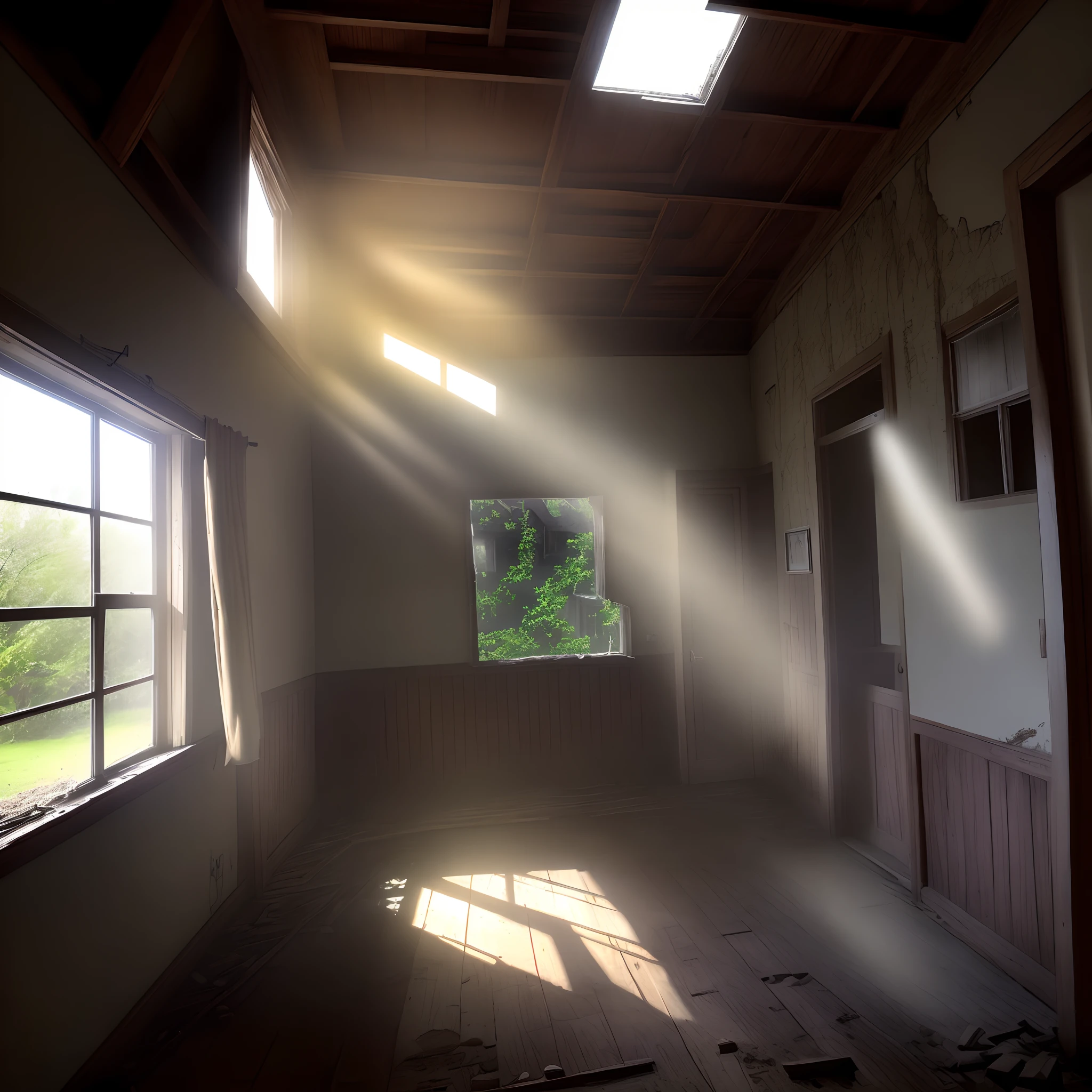 Shady and dilapidated house,It was pitch black,Only a ray of sunlight shone in through the window,The Tyndall effect is very obvious,A pronounced beam of light is formed,Looking at the sun from the house