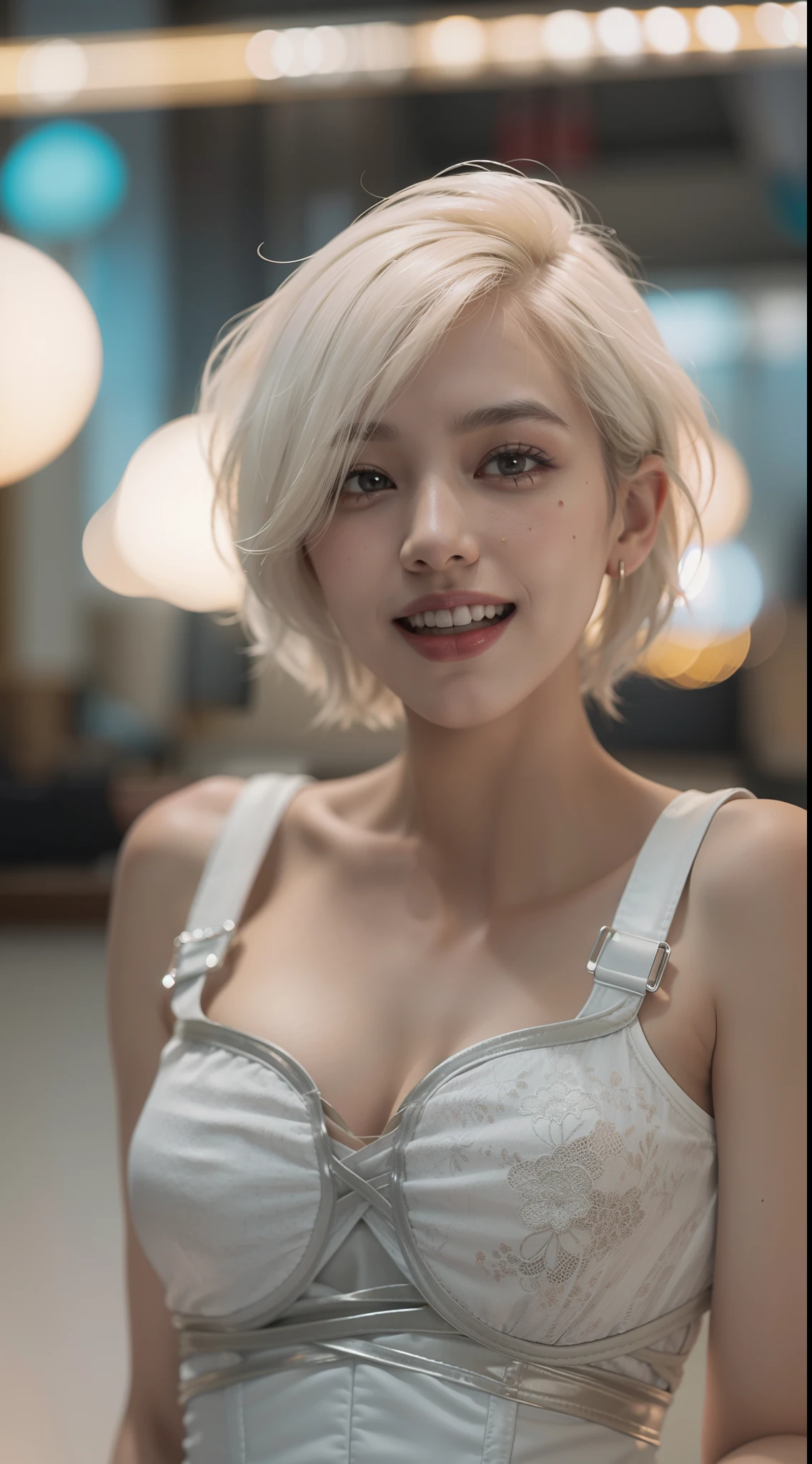 Malay girl, very short white hair, Sculpted Pixie cut hair, wear white Corset Dress, corset, laughing and posing with hand on hip, front view, windy, detail skin, age spot, detail skin texture, mole below eyes, small breast, flat chest, wide hips, small waists, thick thighs, slim abs, beautiful body, nighttime, laughing, happy, bright lighting, living room, blur background, bokeh, high quality, ultra detail, 8k,