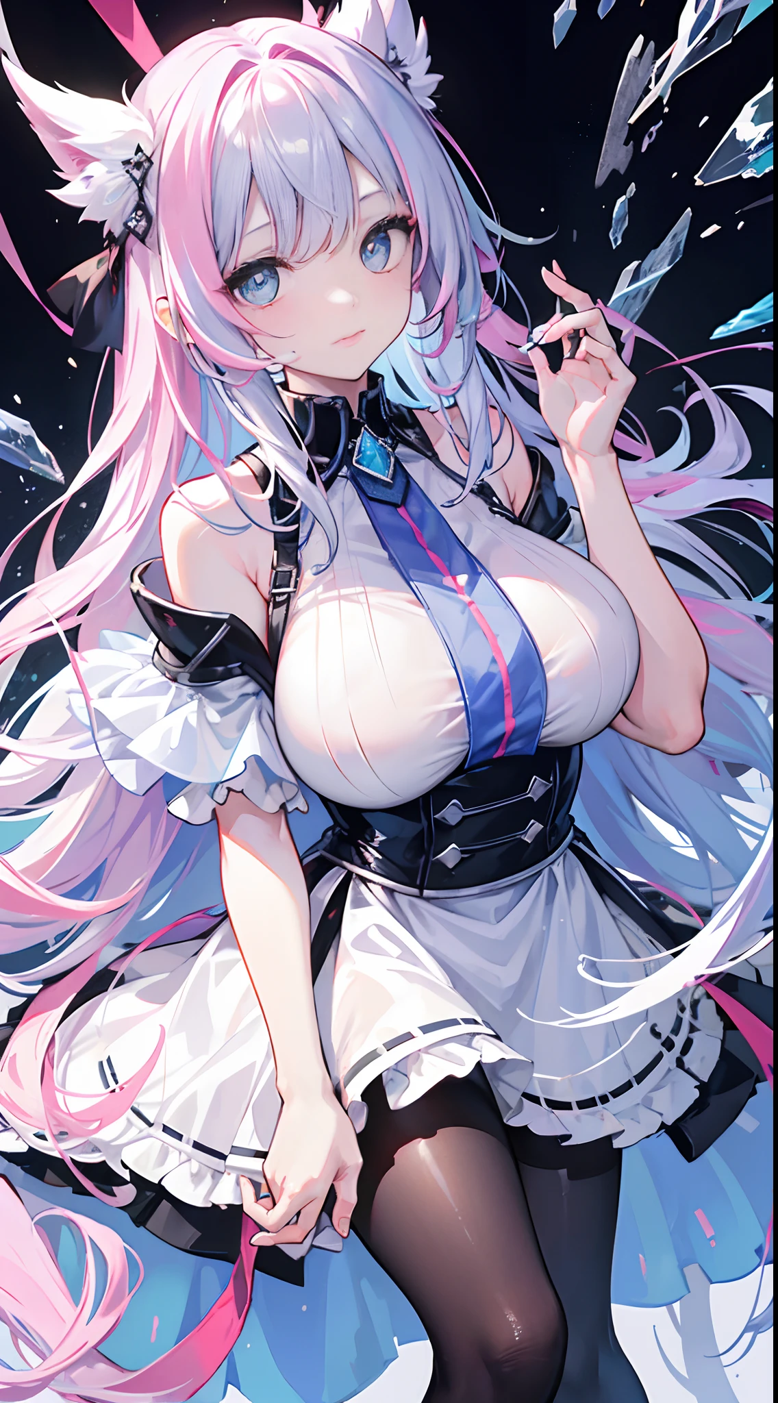 one-girl,Long hair in two colors,The left half is pink emanating,The right half is a light blue slightly curly Roman hairstyle,Curtain of broken hair,Heterochondria with a crystal red eye,A crystal blue eye,Eyes are clear,Open your mouth slightly,A crystal-blue shattered aura floated overhead,The girl wears white off-the-shoulder short sleeves and a black coat,The black coat falls off under the shoulders,Light blue short sleeves,black lence stockings,Hold your hands in front of your chest,Very painful expression,A sticker with a heart on his face,The whole picture has the feeling of a girl falling down,Hair, clothes, etc. should also feel like they are falling,huge tit,The eyes have God,high light,
