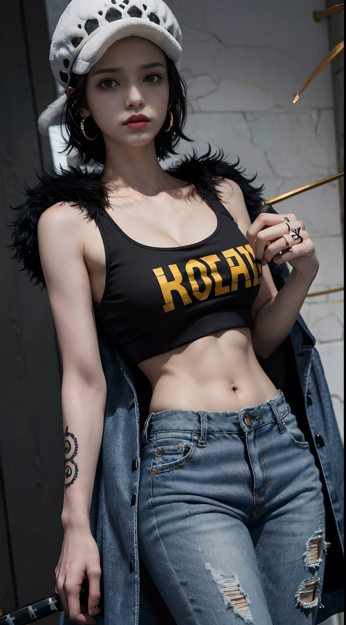 masterpiece, best quality, 8k,highestres, absurdres, extremely detailed, female trafalgar law, 1girl, 1sword, solo, looking at viewer, short hair, medium breasts, hat, navel, cleavage, collarbone, earrings, midriff, pants, coat, fur trim, denim, jeans, shoulder tattoo, hand tattoo, finger tattoo, black fur-trimmed coat, coat on shoulders, yellow tank top,///,