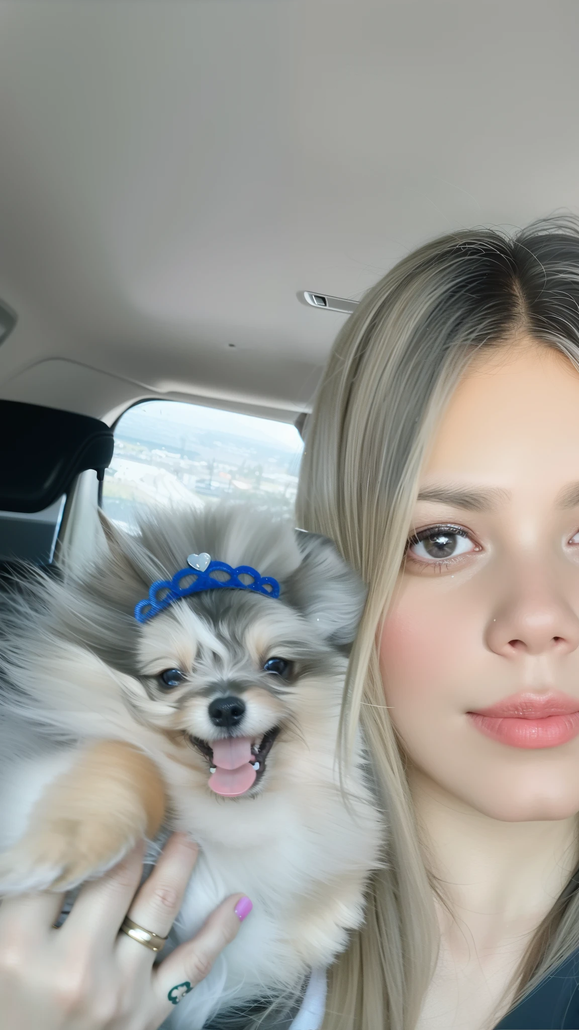 mulher em um carro com um cachorro no colo, segurando seu yorkshire terrier, with dogs, by Amelia Peláez, Directed by: Nandor Soldier, Directed by: Teresa Fasolino, Directed by: Judith Gutierrez, by Gina Pellón, Directed by: Silvia Pelissero, foto do snapchat, selfie of a dog, Emma Uber, tirado no iphone 14 pro