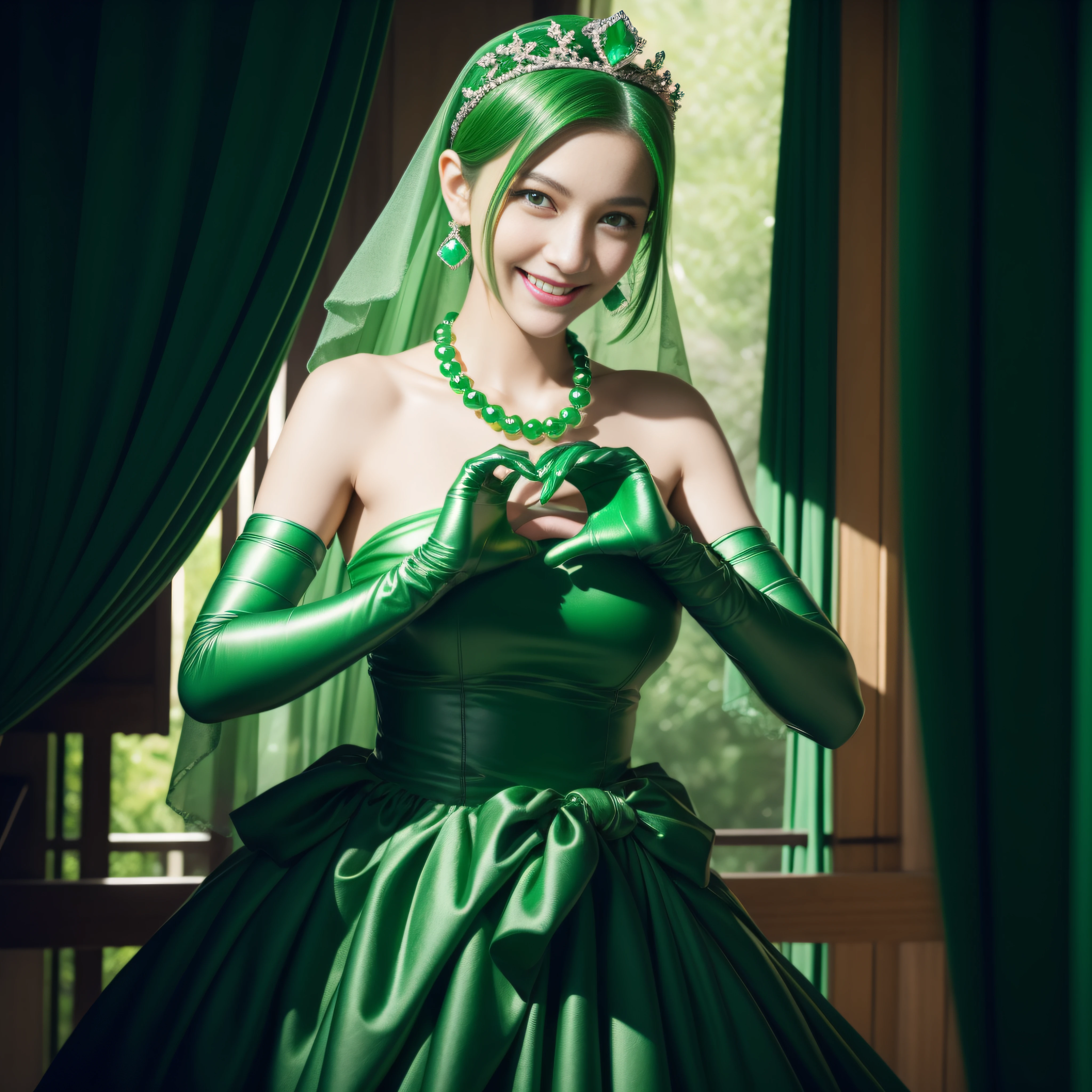 emerald tiara, Green Pearl Necklace, Boyish very short green hair, lipsticks, Japan woman smiling, very short short hair, big breasts beautiful, Green eyes, Long green gloves made of satin material, Green eyes, Emerald Earrings, green vale, Heart with both hands