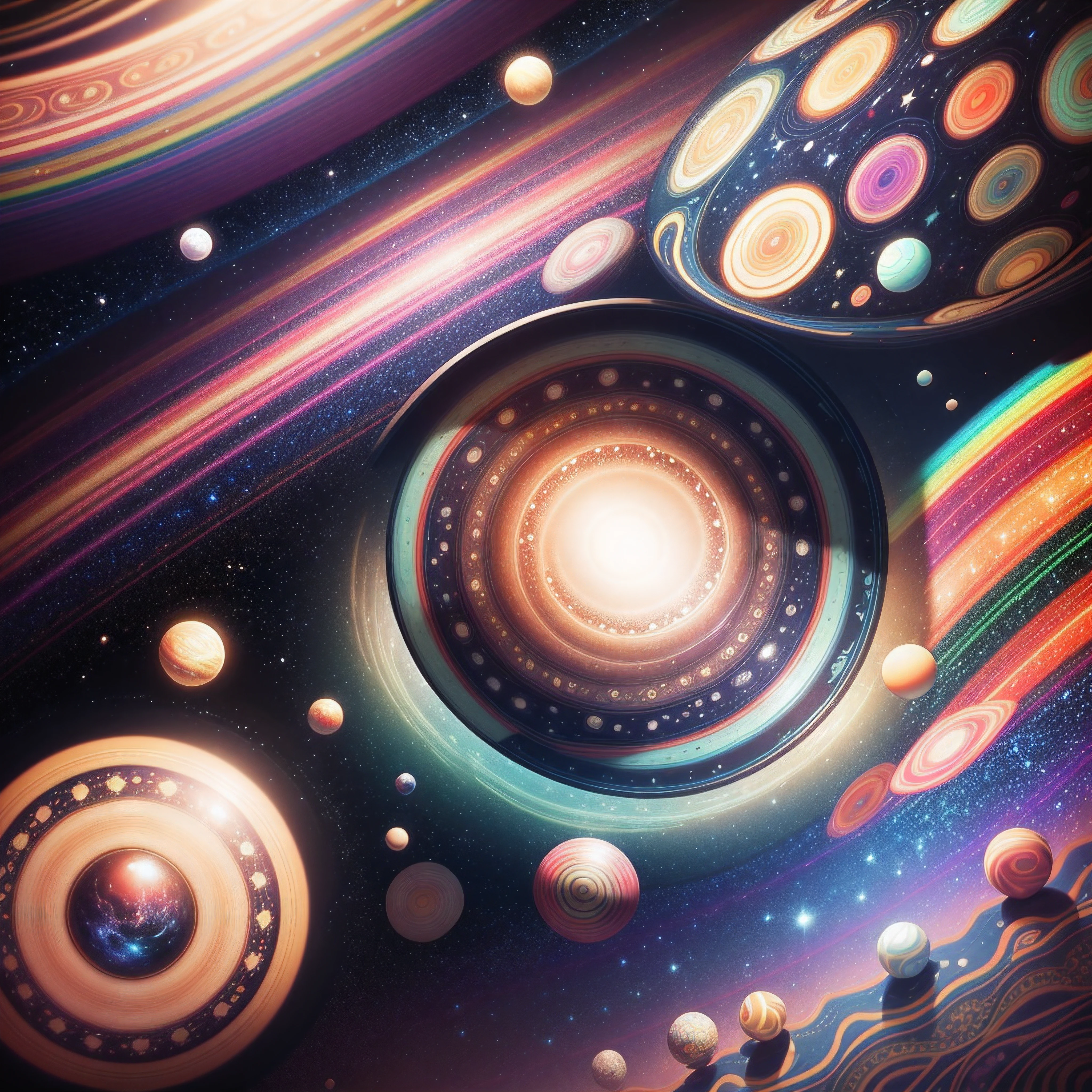 Seamless pattern of galaxies and planets, cosmic design, repeating pattern design, fabric art, flat illustration, rainbow core, highly detailed cleaning, realistic masterpiece, professional photography, simple field background, isometric, Saturn, universe, dust. Many planets
