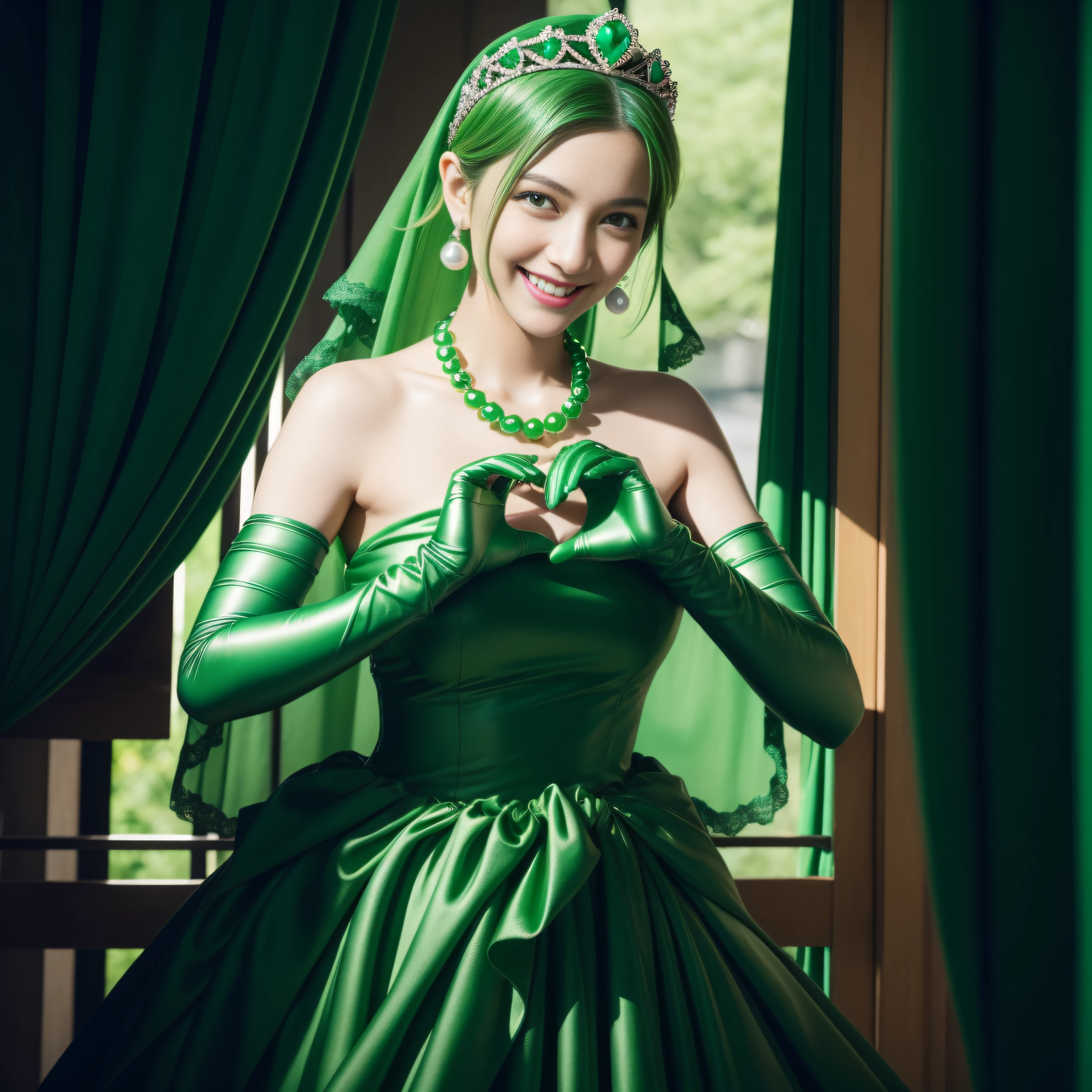 emerald tiara, Green Pearl Necklace, Boyish very short green hair, lipsticks, Japan woman smiling, very short short hair,  big breasts beautiful, Green eyes, Long green gloves made of satin material, Green eyes, green vale, Heart with both hands, Emerald Earrings