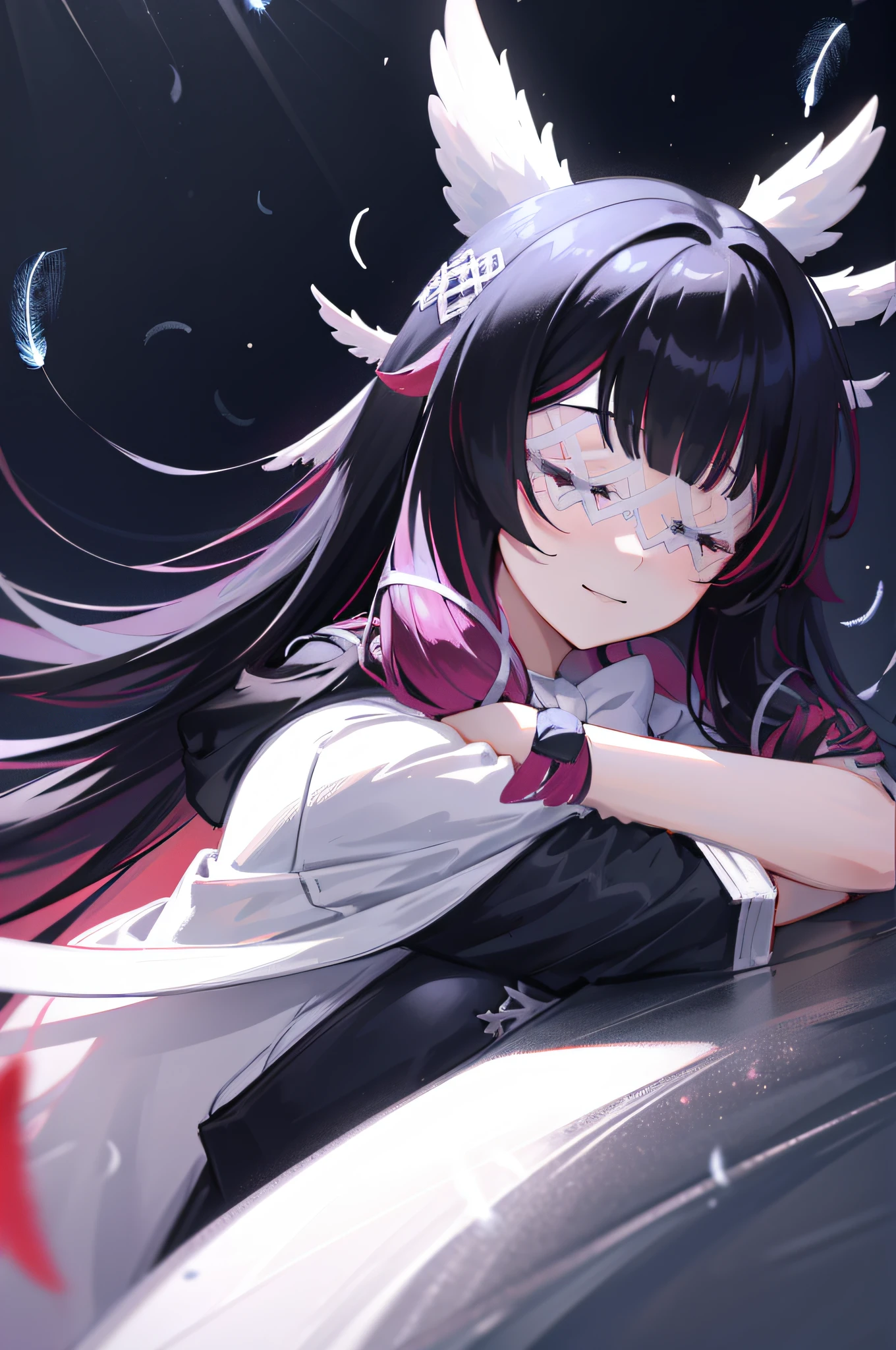 1girl, long hair, black hair, red hair, solo, closed eyes, eye_mask, head wings, hair ornament, blunt bangs, light blue spotlight shining down, feathers, dark, angel wings, falling feathers, evil, mysterious, over the shoulder pose, black background, wind, smiling, jacket