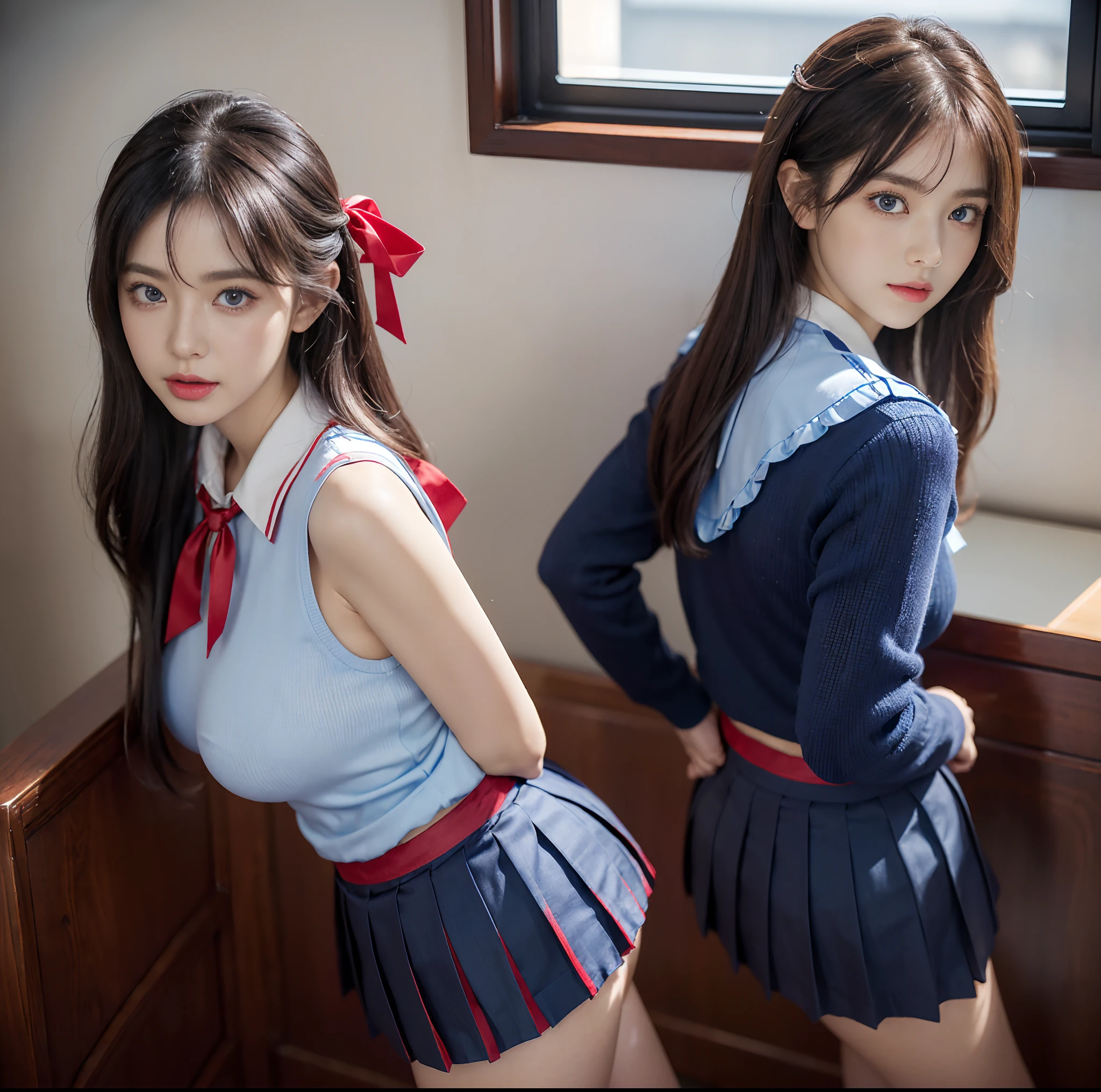 top-quality, ​masterpiece, (Professional lighting without shadows), A hyper-realistic, Bewitching, perfect anatomia, Two girls, (Proudly stand in front of the camera、Girl showing off ribbon tie, Another girl on the other side、Bend over and stick your butt out towards the camera), ( Huge breasts:1.2), Bright and even whitening skin without wrinkles and steps, (bright beautiful blue eyes with long eyelashes and red tear bags、Reflects a lot of light:1.3)、 Braided half-up hair with bangs, (Her outfit is、Dress up tight fit cramped schoolgirl uniform with super short super mini pleated skirt:1.3), (Proudly showing off a crimson ribbon tie from the front), (Another girl on the other side、To beautifully emphasize the proud ultra mini pleated skirt、Showing off a pose with the buttocks exposed from directly behind:1.4), (Beautiful face squinting in dazzling light:1.3), (ssmile), (Plump red teardrop bag:1.2), irene1