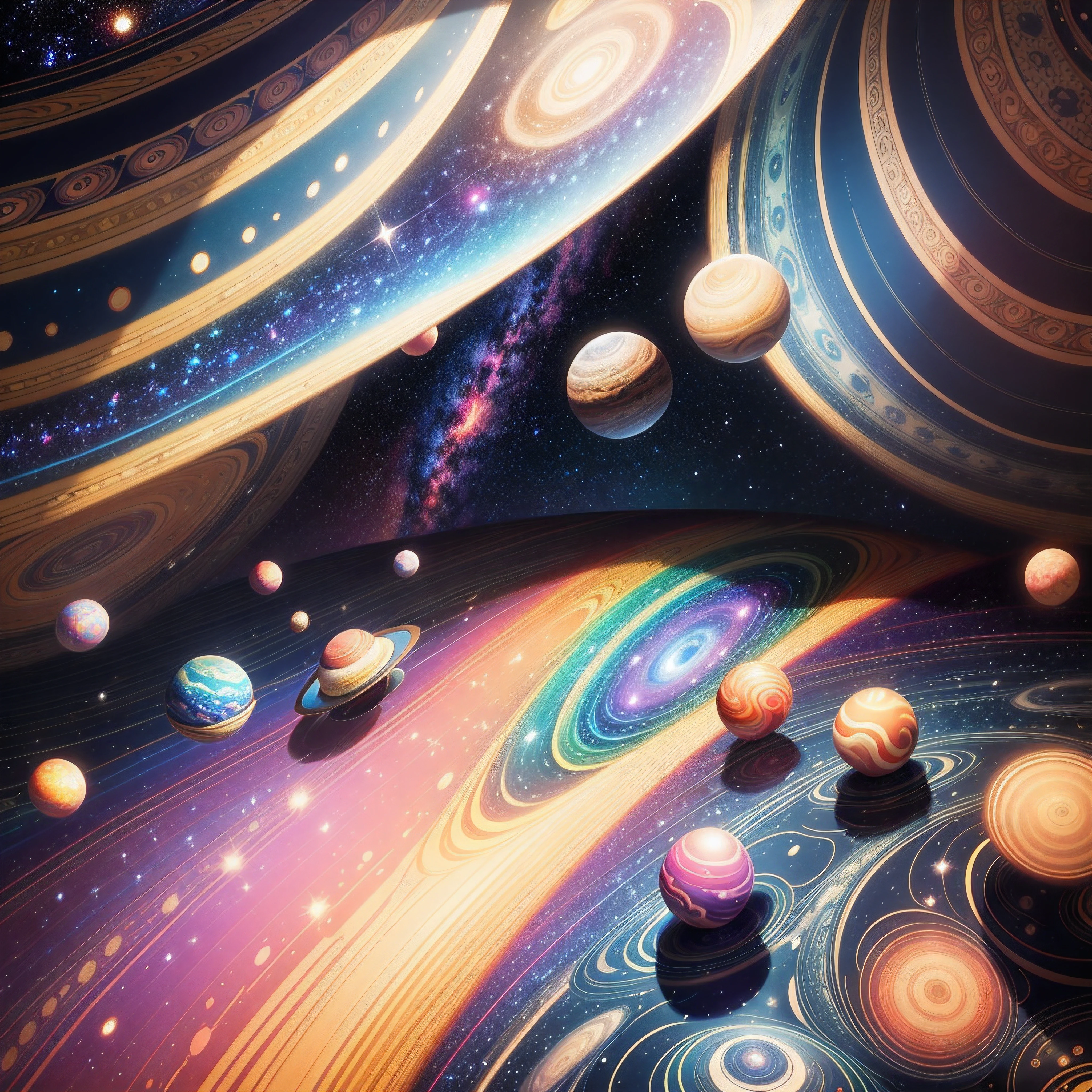 Seamless pattern of galaxies and planets, cosmic design, repeating pattern design, fabric art, flat illustration, rainbow core, highly detailed cleaning, realistic masterpiece, professional photography, simple field background, isometric, Saturn, universe, dust. Many planets