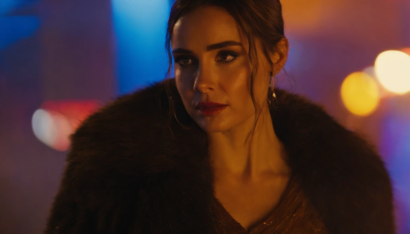 crie uma foto da JOI, the holographic character from Blade Runner 2049. Make it look like actress Ana de Armas. JOI de capa de chuva, caminhando numa noite chuvosa na Los Angeles de Blade Runner, mostre a paisagem da cidade