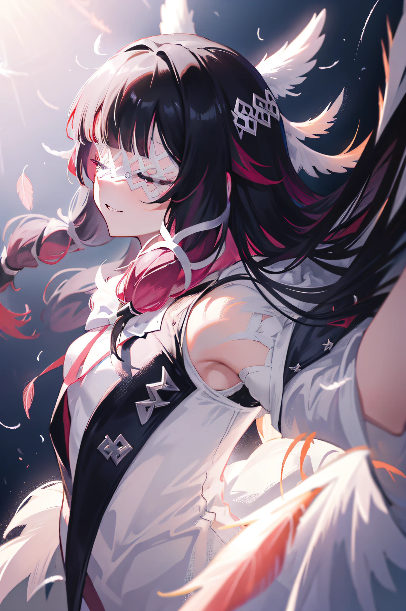 1girl, long hair, black hair, red hair, solo, closed eyes, eye_mask, head wings, hair ornament, blunt bangs, light blue spotlight shining down, feathers, dark, angel wings, falling feathers, evil, mysterious, over the shoulder pose, black background, wind, smiling, jacket