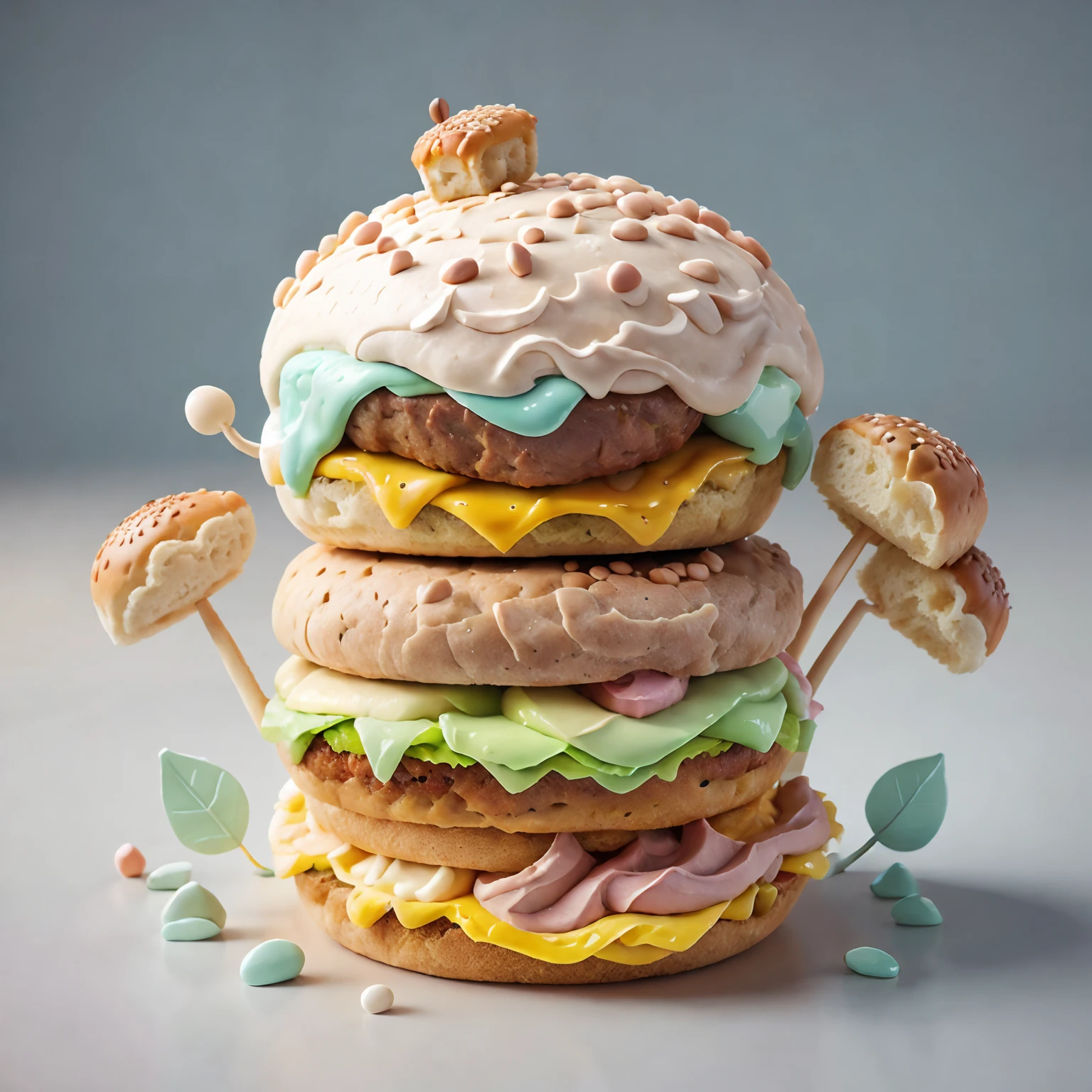 There was a hamburger，There is a loaf of bread on top, cute 3 d render, Cute! C4D, Cute detailed digital art, lovely digital painting, adorable digital art, kawaii hq render, soft 3d render, Cute characters, cute character, 3D characters, cute artwork, 3D illustration, 3 D 插图, cute detailed artwork, lovely art style