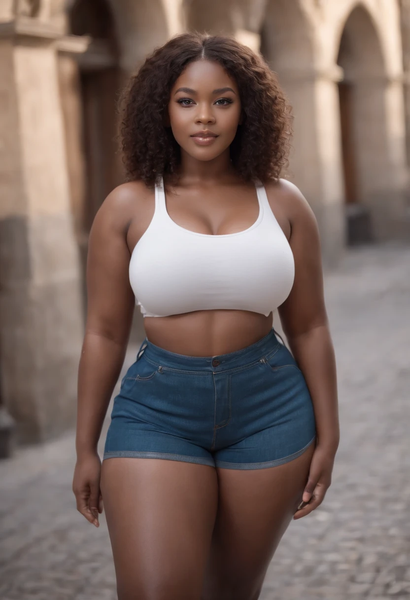 ((Dark African skin, Very deep ebony skin)), ((obese)), ((Its beauty is undeniable)), ((cute excited face)), ((Hyper detailed perfect eyes,)), ((pose mignonne)), ((Langue sortie)), ((grosse fesse)),((Attirant )), sexy, (( Tight knit shirt, shorts courts sexy)), ((Afro curly African hair afro ponytail afro,)), (( peau)), ((debout, vue de face)), ((toucher ses propres jambes dans une pose sexy)), ((dehors, Ville publique)), CGI ciblé, Fotorrealista, High detail, Realstic, Master part, Absurde, Best quality, Hdr, highly quality, high-definition, extremly detailed, 8k wallpaper, intricate high detail, 8K UHD, Full-HD, (photo realist:1.2), contraste, intense illumination, lighting cinematic, natural lighting, hard light, contre-jour, Illumination globale, occlusion ambiante selfie nsfw