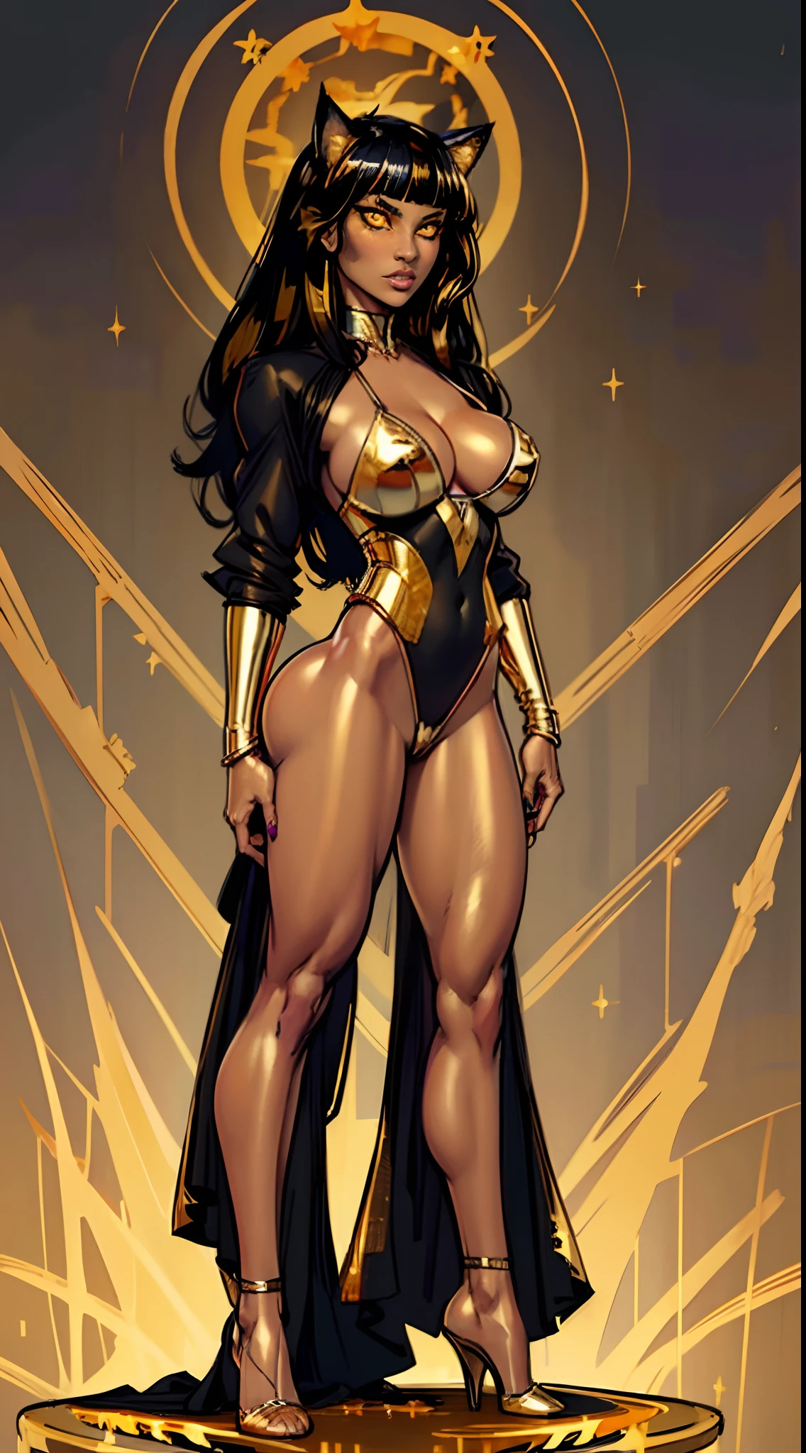 (masterpiece, best quality, cinematic), Hyper realistic super detailed sexy Blake, highly detailed, intricate, professional art, digital art, 8K, blake belladonna, (african woman: 2.3), (dark skin: 2.8), front view, sexy woman, huge breasts, (Japanese island complex background, island:1.15), ocean, beach, animal eyes, cat ears, big ass, black hair, long hair, blunt bangs, lipstick, (purple makeup:1.1), outdoors, full body shot, black eyeshadow, detailed hair, ultra detailed face, yellow eyes, perfect eyes, cat eyes, anime eyes, beautiful eyes, amber eyes, (golden eyes:1.9), detailed eyes, perfect face, (very dark skin: 1.8), african woman, (african woman: 2.1), very dark skin character, (very dark skin: 3.2), (tail:0), (japanese clothes:0.6), night-gown, thin-clothes, (see-through clothes: 1.6) (hip vent:0.9), (bridal gauntlets:1.1), shrug (clothing), (young female, :1.1, black woman: 2.4), Large Breasts, cleavage, (fit body: 1.1) Black and white outfit.