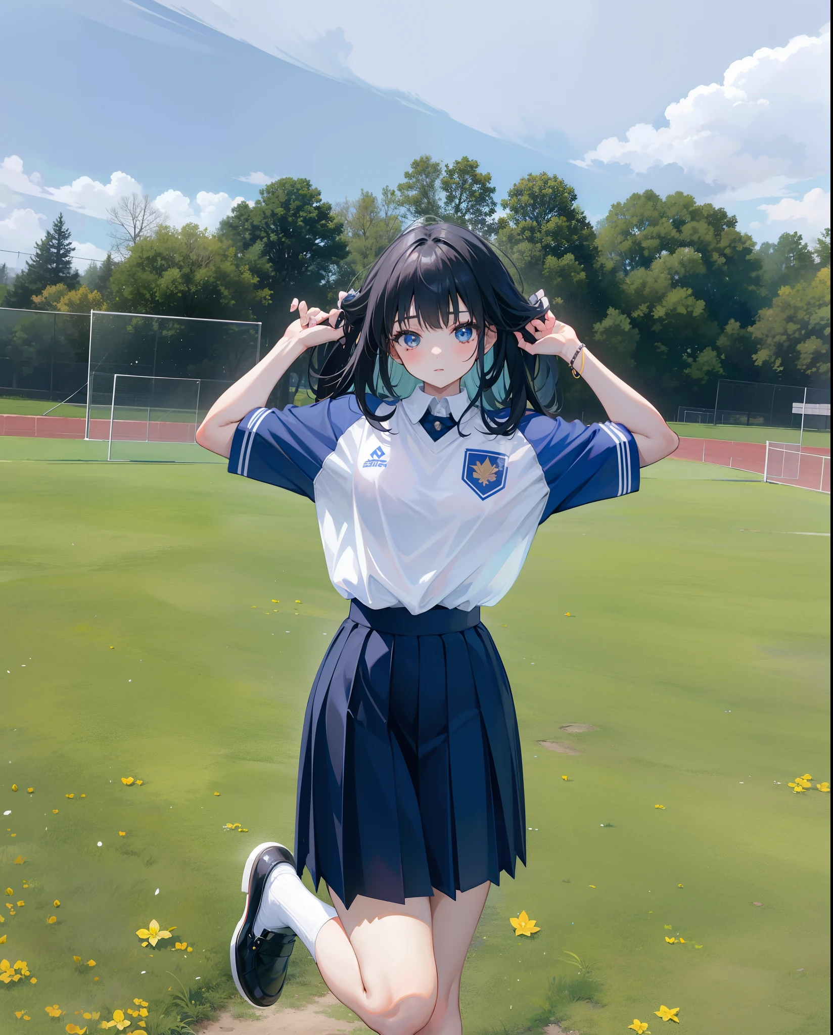 there is a woman posing for a picture in a field, wearing a school soccer uniform, magic uniform university, jk uniform, magical school student uniform, 🚿🗝📝, 8k)), ssao 8 k, girl wearing uniform, uniform off - white sky, magic school uniform, wearing a volleyball jersey, anime thai girl, seifuku