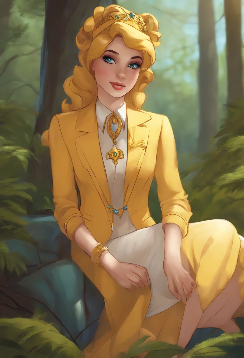 princess ember, yellow suit, dress shoes, outdoors, forest, calm, smug, clear skies, neck tattoo, my little pony
