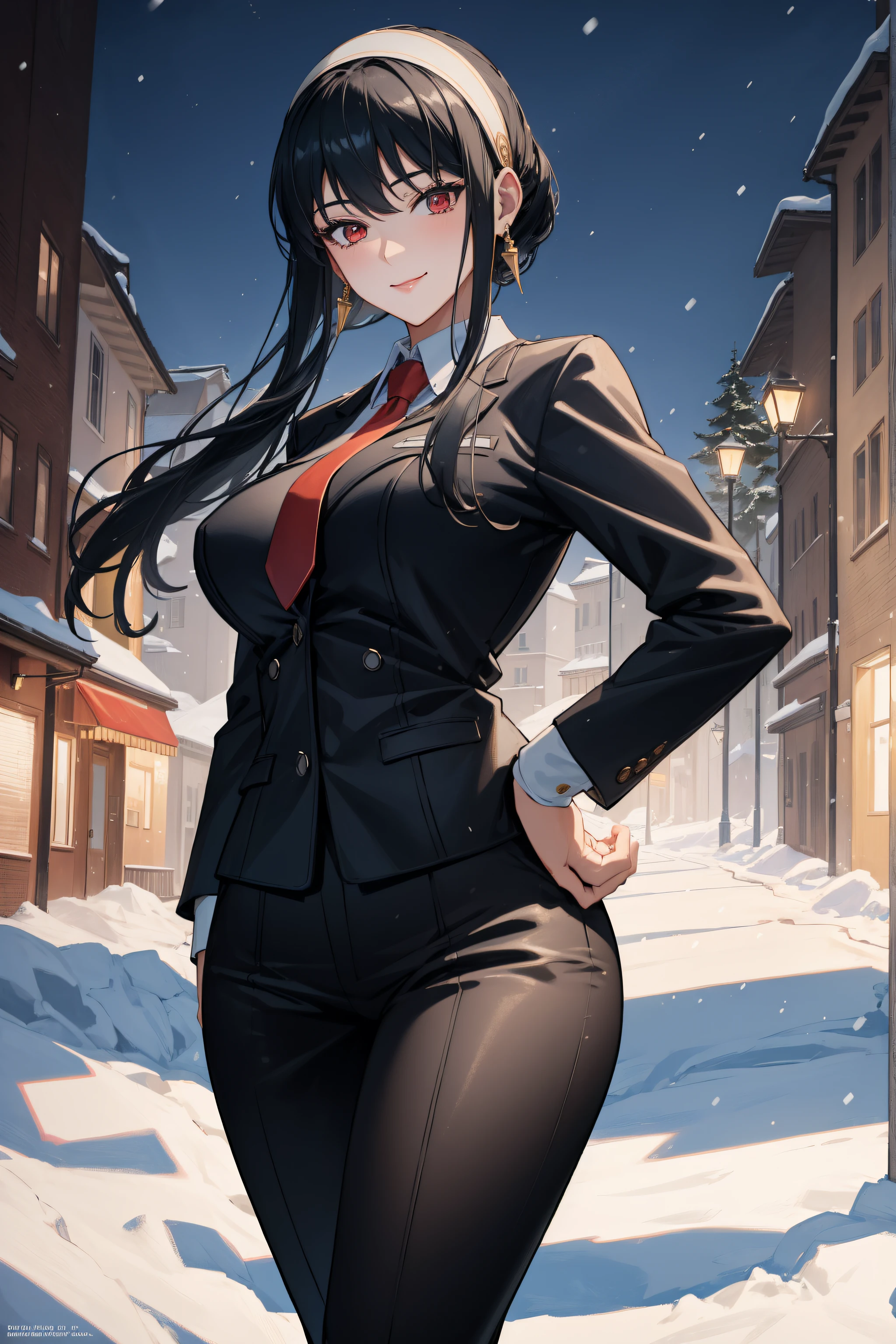 (Night:1.7), palms, pine_tree,sky,snow, snowing,tower, town, tree,
standing at attention,pose, hand on hip,
wearing pinstripe suit, black suit, collared shirt, pinstripe skirt, black pantyhose,
bbyorf, short hair with long locks, white hairband, red eyes, gold earrings, 
1 girl, 20yo,mature female,Beautiful Finger,Beautiful long legs,Beautiful body,Beautiful Nose,Beautiful character design, perfect eyes, perfect face,
looking at viewer, (innocent_big_eyes:1.0),(seductive smile:1.3),
NSFW,official art,extremely detailed CG unity 8k wallpaper, perfect lighting,Colorful, Bright_Front_face_Lighting,
(masterpiece:1.0),(best_quality:1.0), ultra high res,4K,ultra-detailed,
photography, 8K, HDR, highres, absurdres:1.2, Kodak portra 400, film grain, blurry background, bokeh:1.2, lens flare, (vibrant_color:1.2)
(Beautiful,medium_Breasts:1.4), (beautiful_face:1.5),(narrow_waist),(perfect hands, perfect anatomy),
