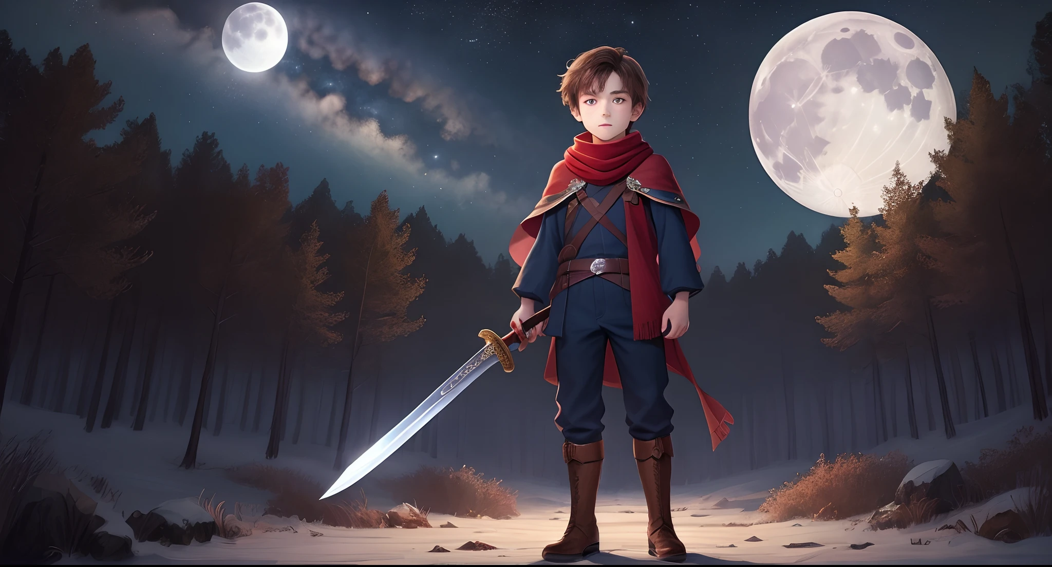 Fearless boy of about 7 , Disney style, medium brown hair, brown eyes, wearing a dark blue outfit with a long red scarf, black boots, with a wooden sword in his right hand and a shield in his left hand, facing a forest at night starry with a bright moon in the sky