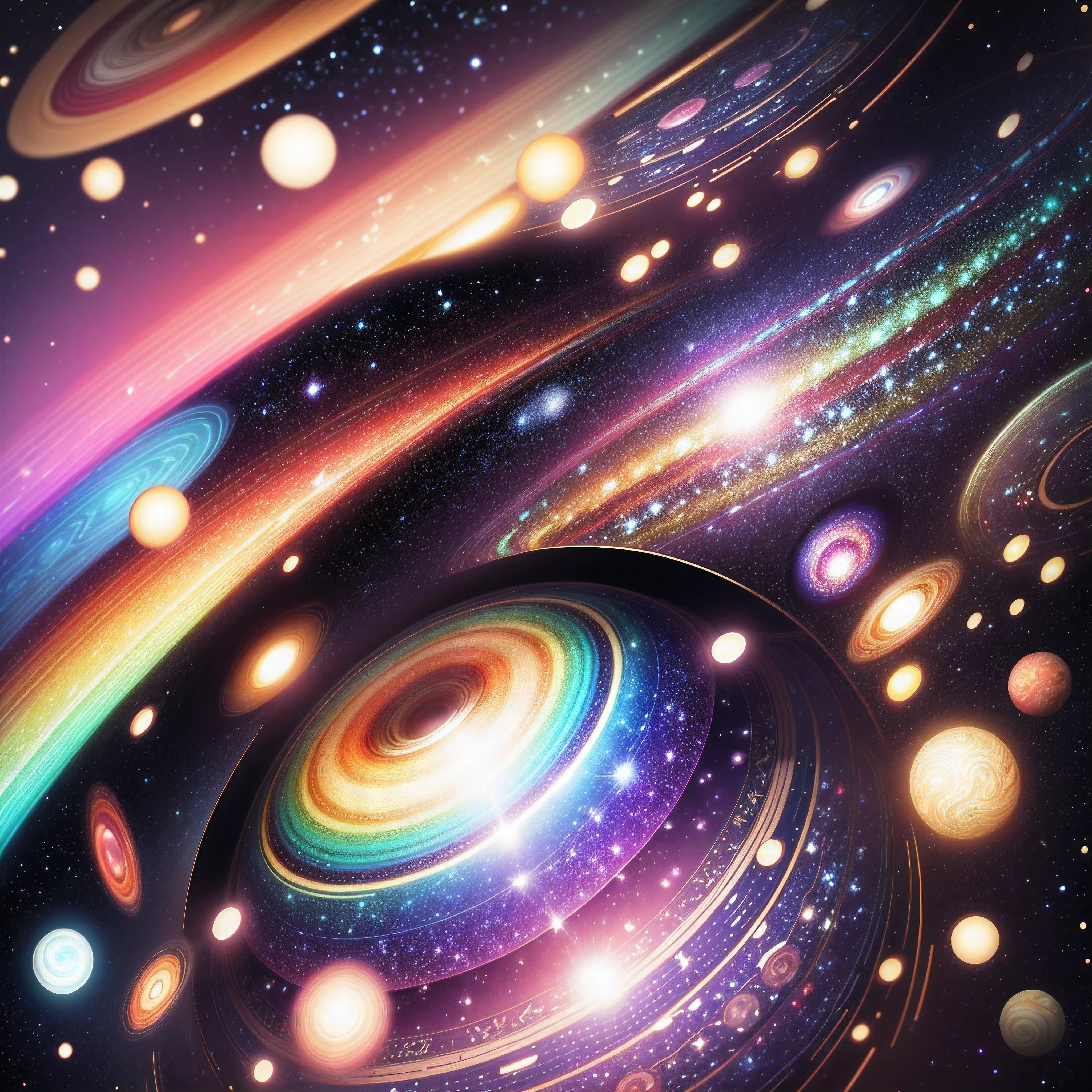 Seamless pattern of galaxies and planets, cosmic design, repeating pattern design, fabric art, flat illustration, rainbow core, highly detailed cleaning, realistic masterpiece, professional photography, simple field background, isometric, Saturn, universe, dust. Many planets