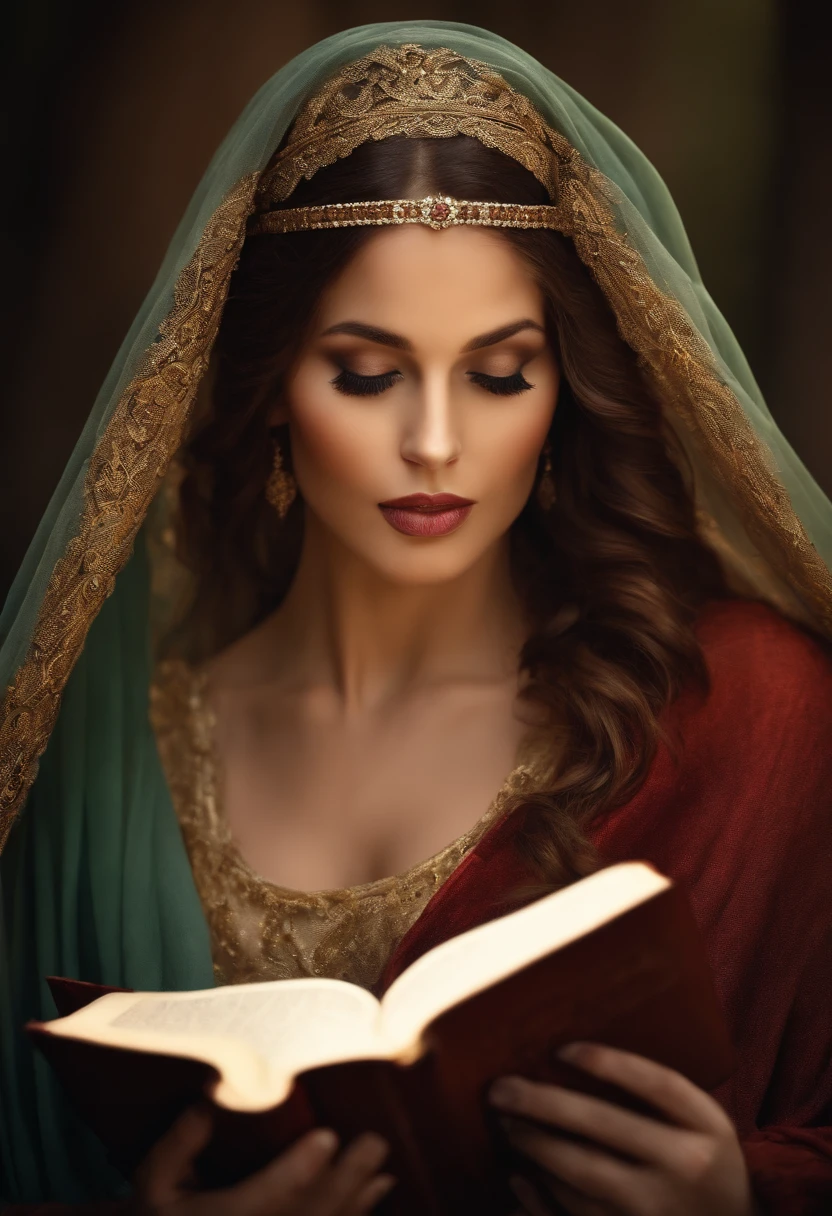 face of a beautiful woman, with a veil on her head and a bible in her hand, Jesus time clothe
