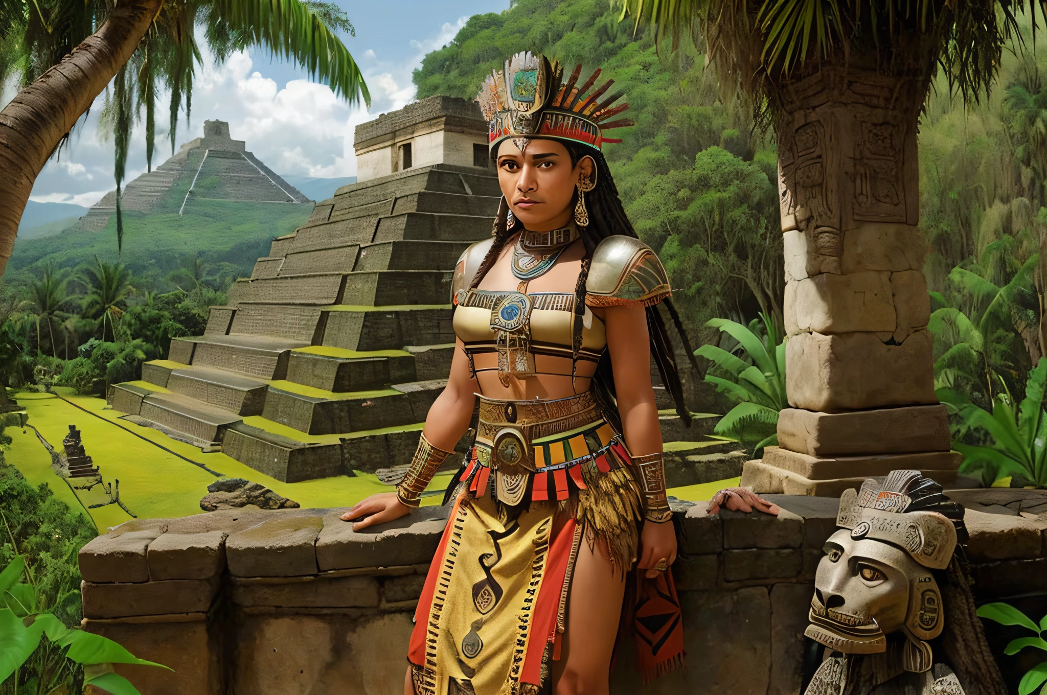 Woman in a costume standing in front of a stone structure, Retrato da princesa asteca, Deusa guerreira asteca, Imperatriz Asteca, Rainha asteca, Sacerdotisa Maia, Aztec princess fights barbarians, Guerreiro asteca, Deusa do Sol Asteca, Estilo Maia, Mitologia asteca, Deus asteca, guerreiro yaotl asteca, rich aztec jaguar armor, Um guerreiro asteca