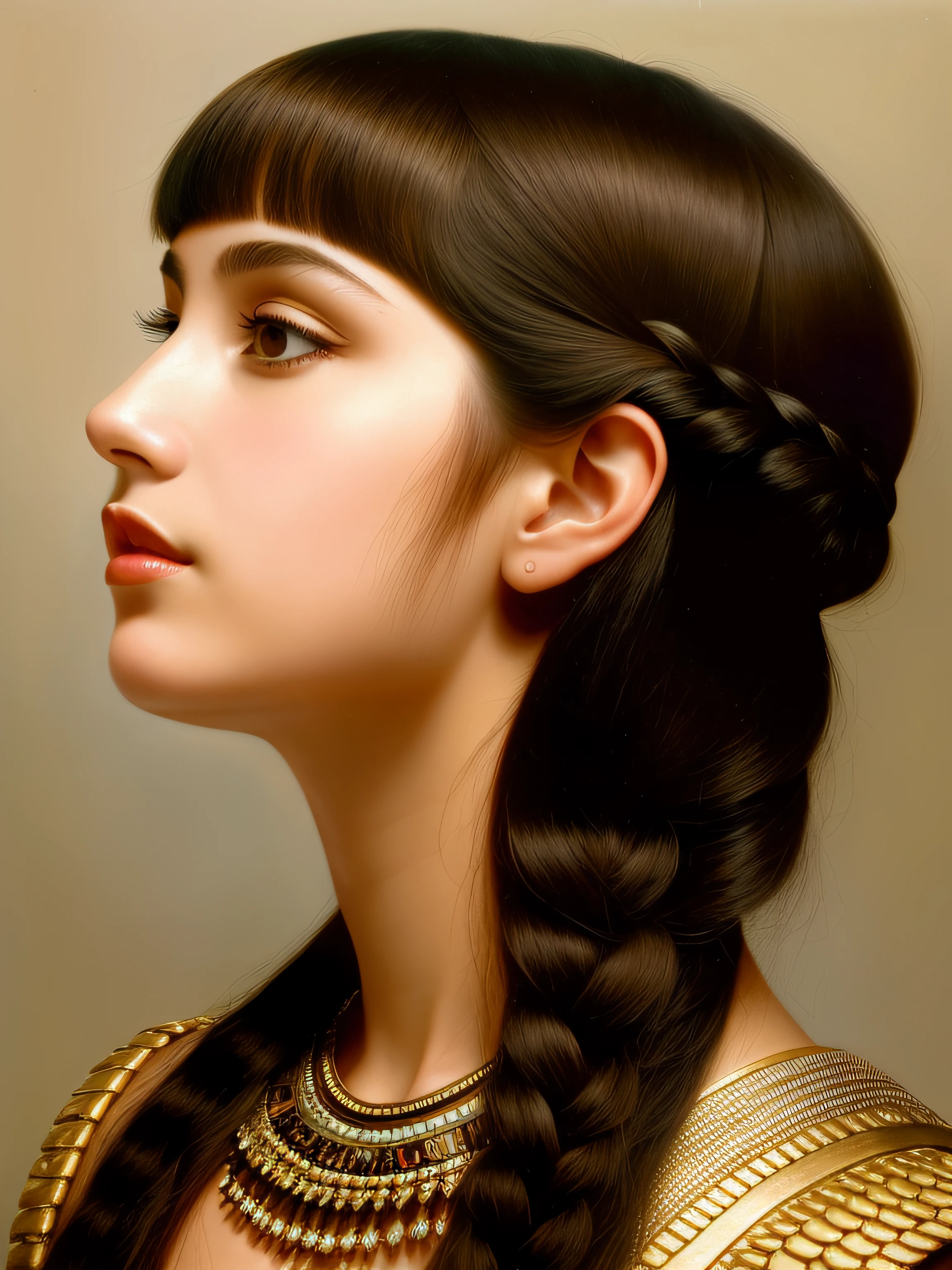a close up of a woman with a ponytail, portrait of cleopatra, cleopatra portrait, head in profile, portrait of woman, half - length head portrait, portrait of young woman, portrait of a goddess, portrait of teenage aphrodite, cleopatra, head portrait, highter detailed face