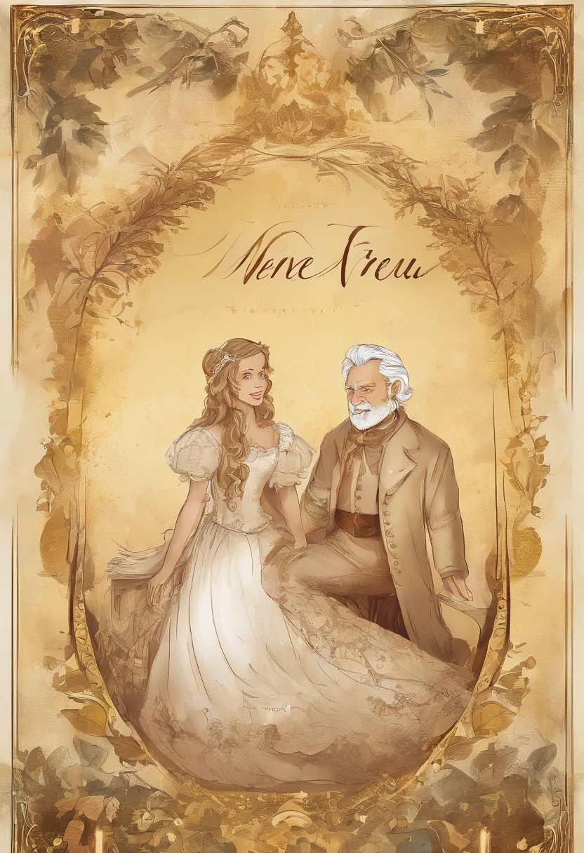 A poster with ung girl and 1 old men. The title is ''meine neue Frau'' in golden and disney font and a bedroom theme