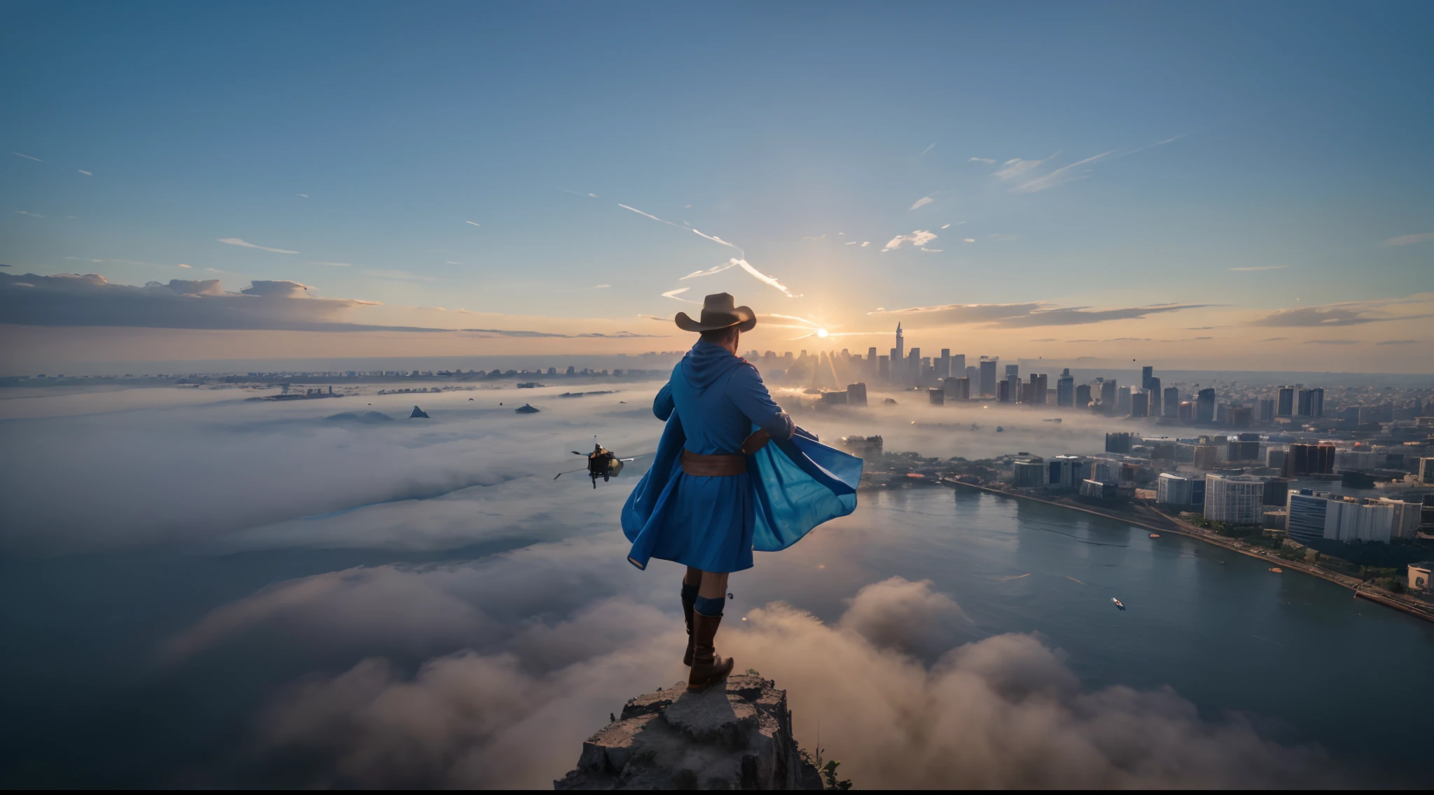 man with a blue cape and cowboy hat floating and flying up above the metropolitan city of jakarta, shoot from dji drone camera, zooming out, ultra wide photograph, highly detailed texture, 4k quality, morning blue sky ambience, sun flares from right side