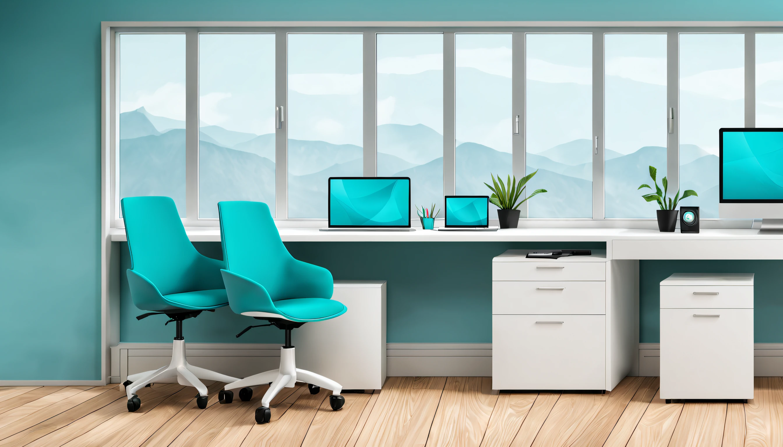 Realistic web design office, futurista, 4k, with turquoise gradient décor for the coral, fundo claro, com computador na mesa