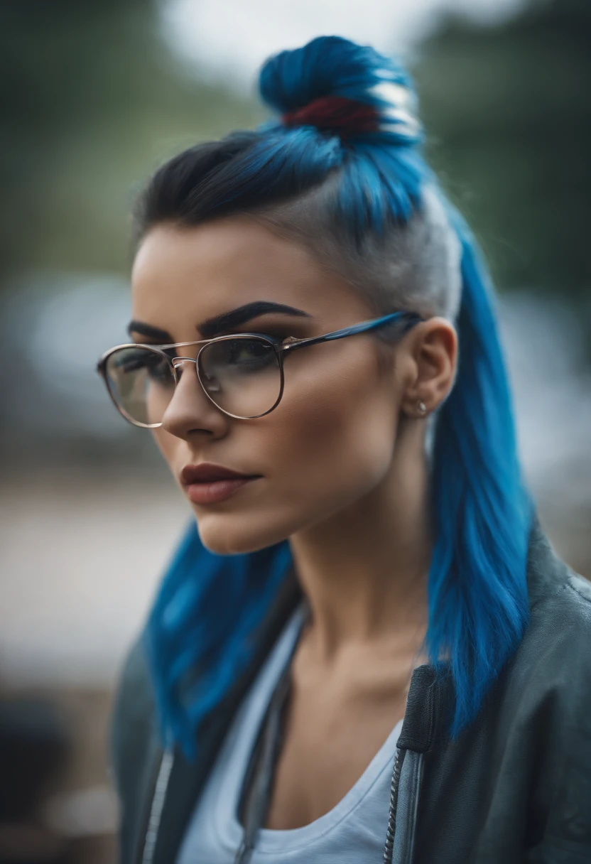 Absurd resolution, high resolution, (masterpiece: 1.4), hyper-detail, hyper-realistic, beautiful 18 year old girl in the city, with punk blue hair, glasses, happy, rage, night, light portrait, Instagram model, cleavage, beautiful latin face, beautiful body and face, beautiful woman, beautiful and detailed body and face, beautiful face and figure, natural makeup, photorealistic, RAW, skin texture, film grain, best shadow, 55mm, ultra HD, film grain,