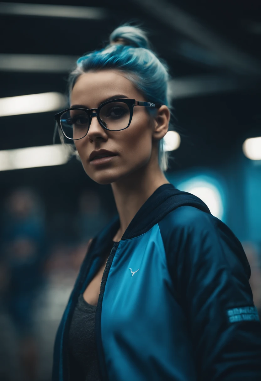Beautifull girl wearing crop top jacket, wearing glasses, colorfull, sporty, blue ponytail hairstyle, dynamic pose, detailed, hd