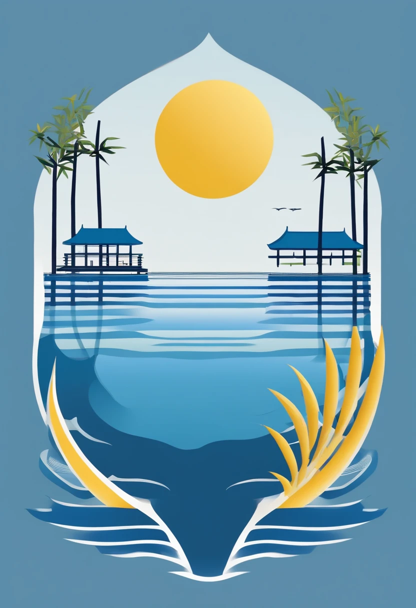 Create a minimalist logo。The main elements of the logo are blue lake water and yellow bamboo simplification,The bamboo stick and the lake water together form an open folding fan,The folding fan hollows out the silhouette of a building