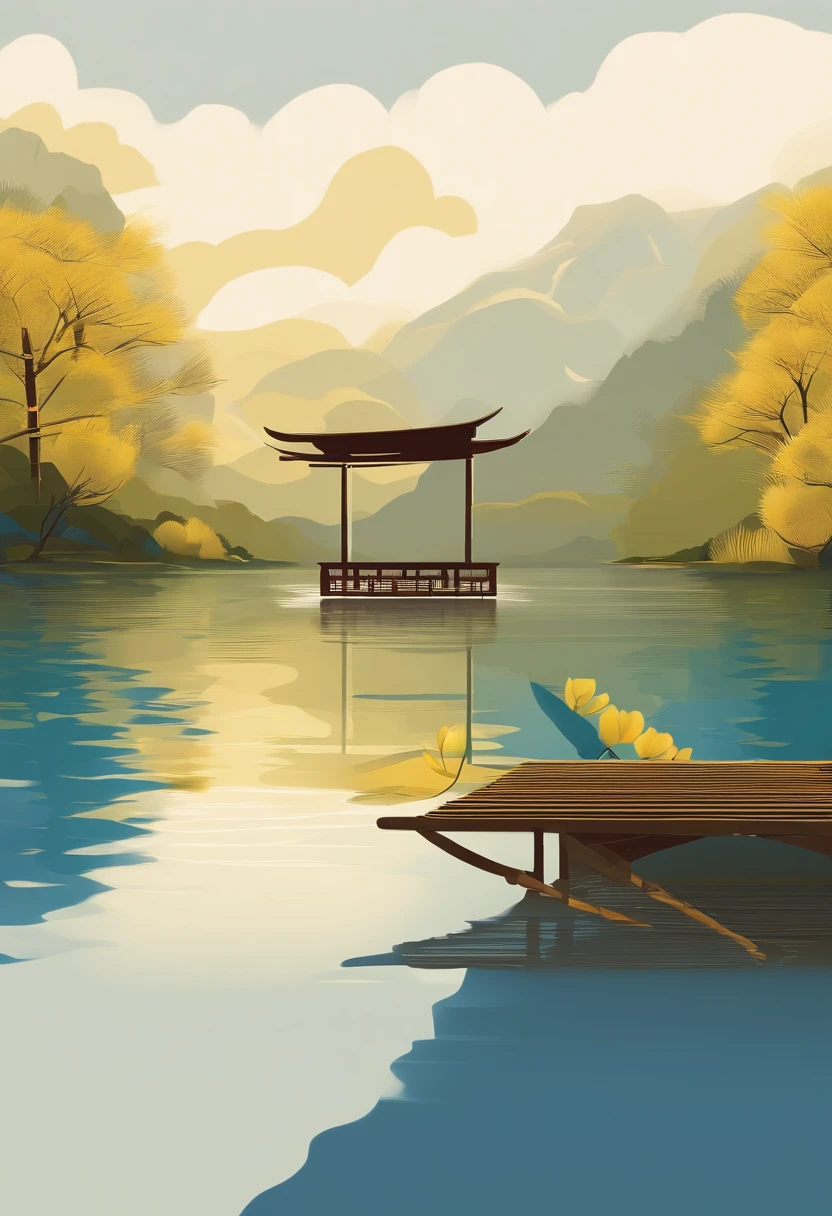 Create a minimalist logo。The main elements of the logo are blue lake water and yellow bamboo simplification,The bamboo stick and the lake water together form an open folding fan,The folding fan hollows out the silhouette of a building