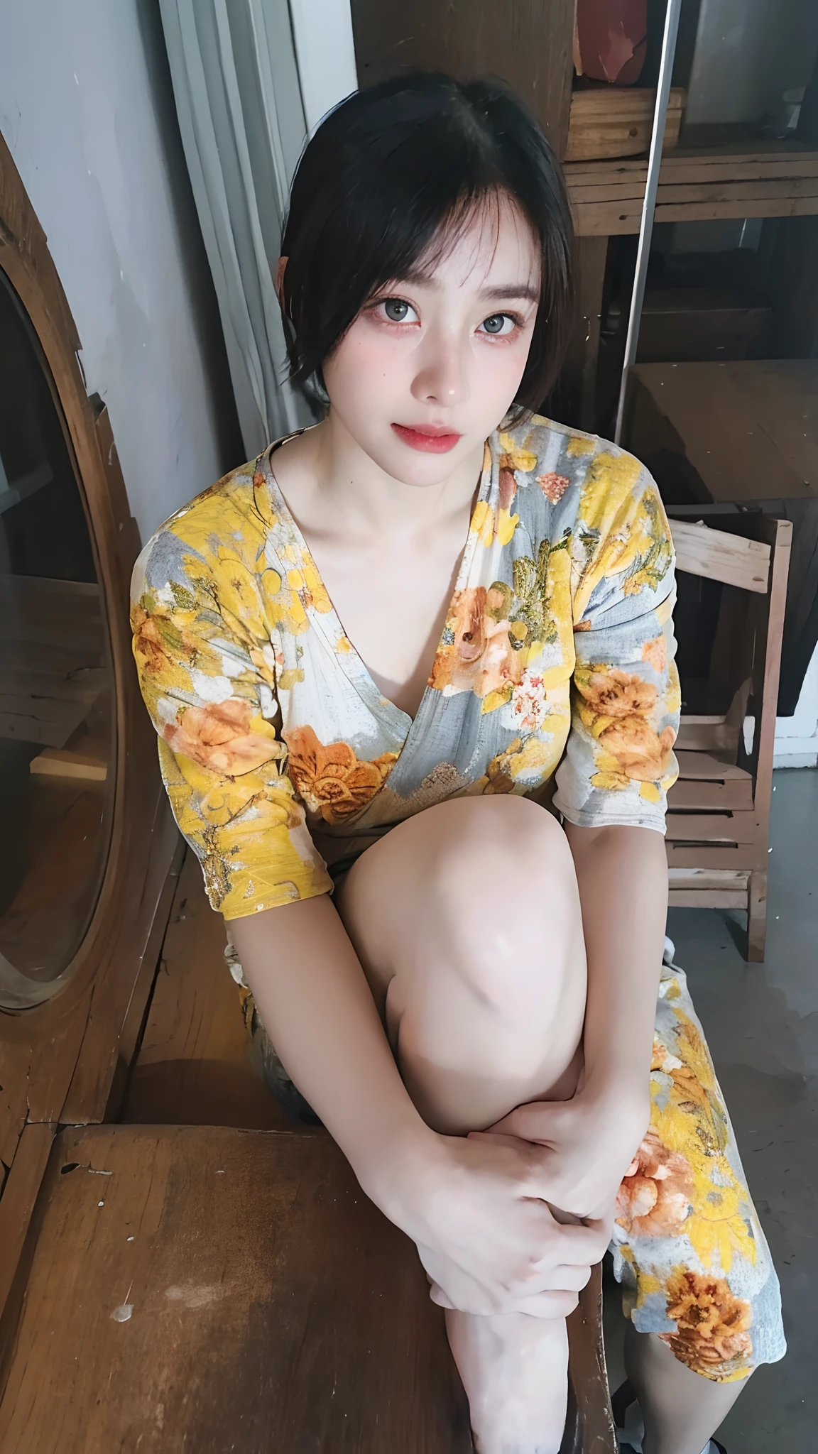 Top quality, Masterpiece, 超高分辨率, (Realistic, : 1.4), Original photo, (True skin texture: 1.3), (filmgrain: 1.3), in a panoramic view, Portrait, Very wide lens, Narrow waist, cowboy lens, (bangs, Inconspicuous, Cold light,) Night, Close-up, Tears, Short hair, neck long, ears sticking out, bangs, Big eyes, Brightly Colored Eyes, In the house, Dust, Tindall effect, (Facial expression), Sitting, (hitting a wall), Crying, Frowning, (Looking down), Nervousness, Tears, smiling happily
one girl, eyes and face with beautiful details, White jabot, pink dark V, Brown eyes,