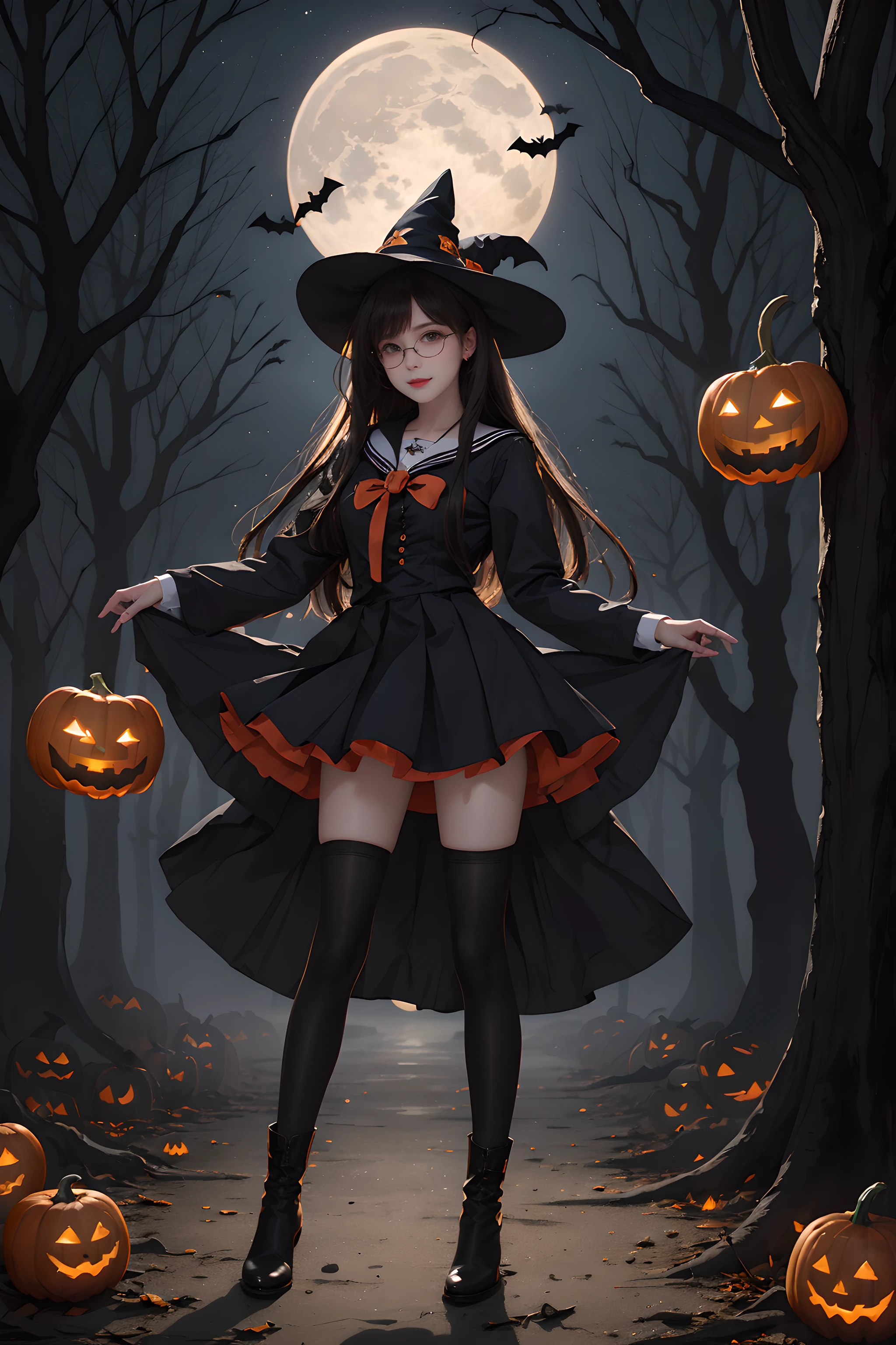 (Halloween theme:1.5), BREAK, A beautiful and powerful witch stands in the middle of a mysterious forest filled with sparkling lights of magic circles in the air and mythical tree stumps under full moon, BREAK, 1girl, magic, magic circle, tree, sky, star (sky), scenery, solo, outdoors, starry sky, night, dress, grass, moon, (red full moon:1.3), black cat, ghost, jack o'lantern, ,wearing (fusion of witch dress and sailor uniform:1.3), (red pleated skirt:1.3), (black stockings:1.3), (black boots:1.3), (wearing a glasses:1.3),