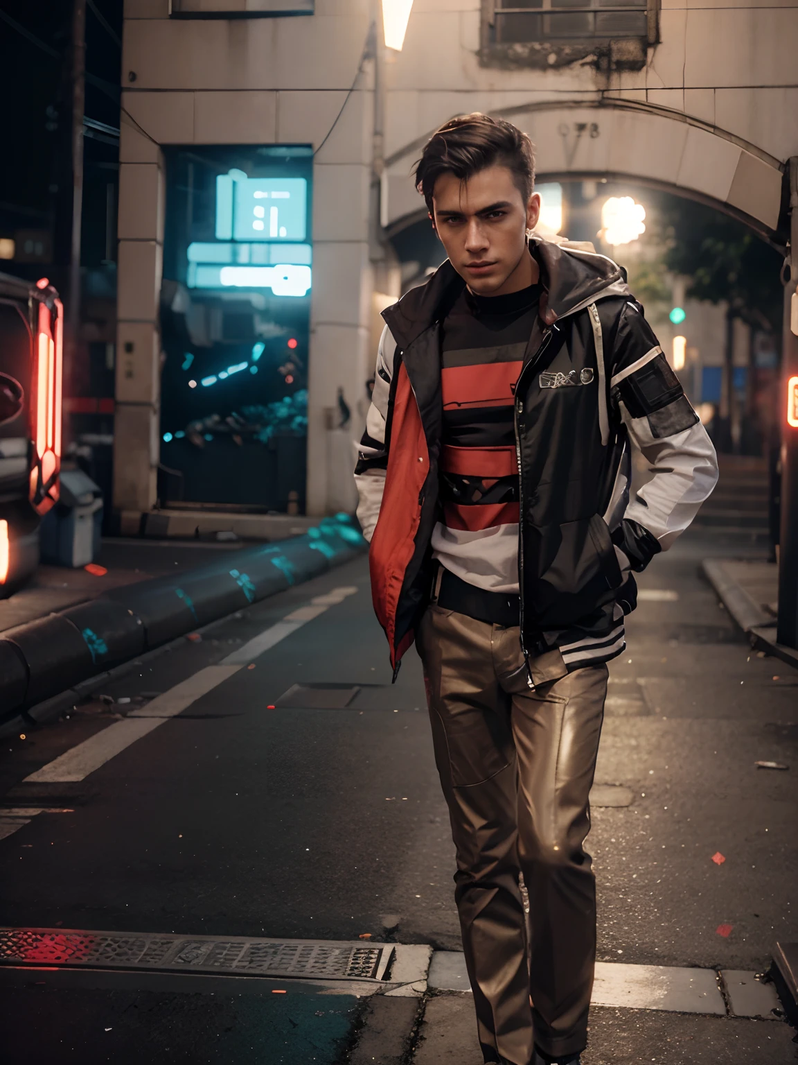 Change background cyberpunk handsome boy, realistic face, 8k, ultra realistic,