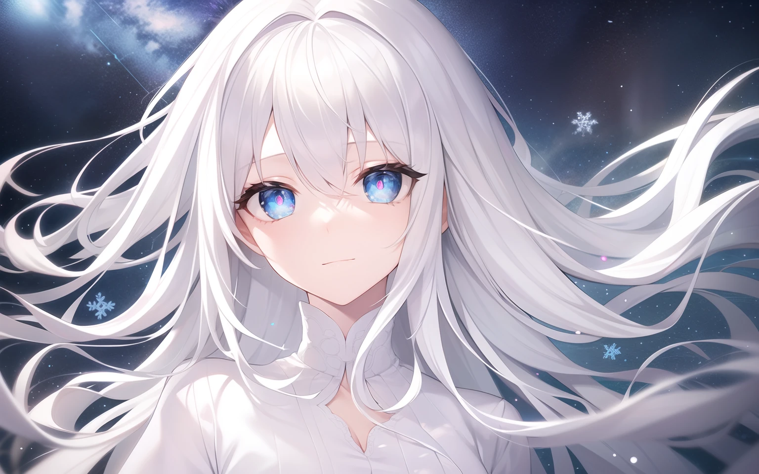 ((masutepiece, Best Quality))++, Detailed light+, Detail Hair+, details hands+ ,1girll, Woman, Long hair, blue eyess, Beautiful eyes, Young silver-haired,,(Beautiful white hair:1.5),(Beautiful detailed eyes), High resolution+, The shirt , White skirt, Glass Tone, Reflective eyes, ((Halo)), {{Angle}} , Very detailed wallpaper, Original, Snowflake,extreme light