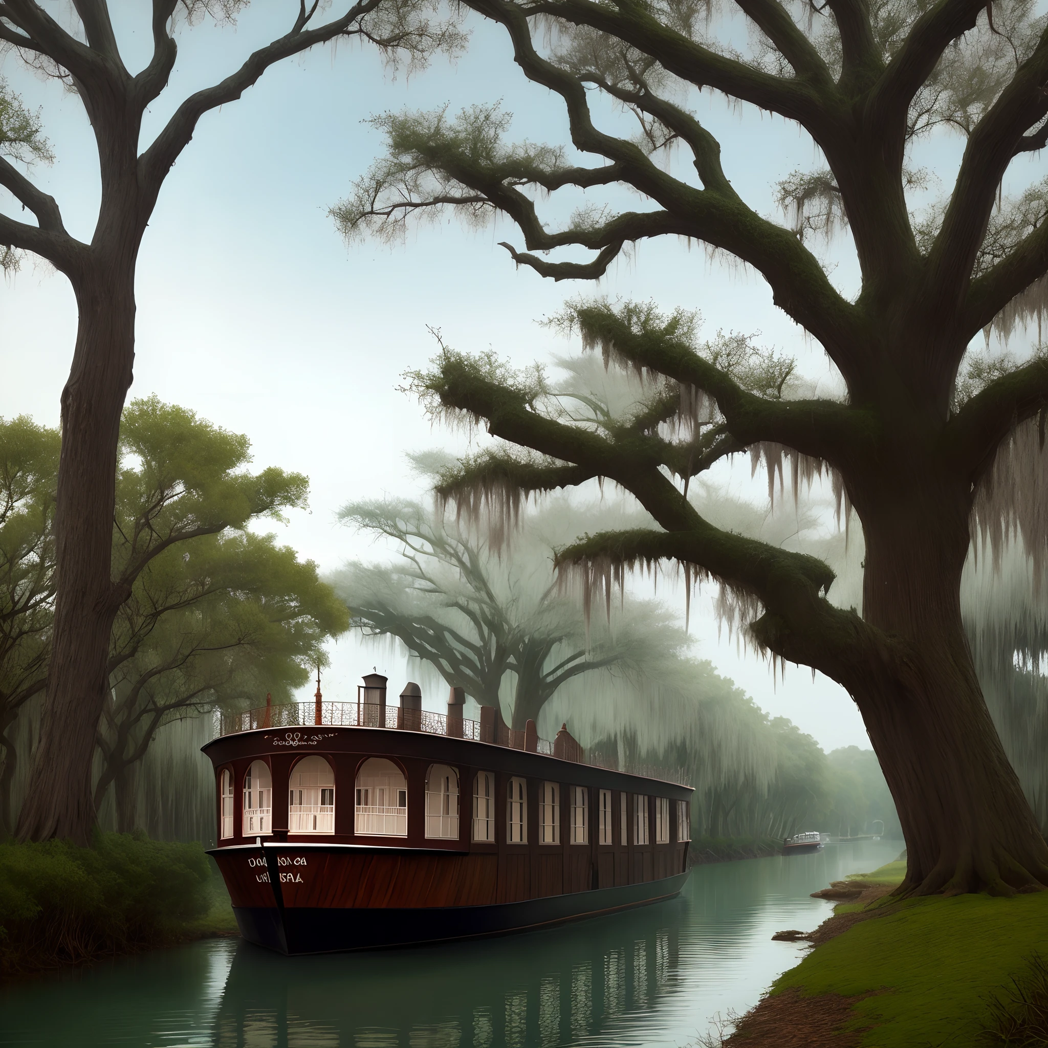 Spanish moss covered spooky trees with a riverboat in distance