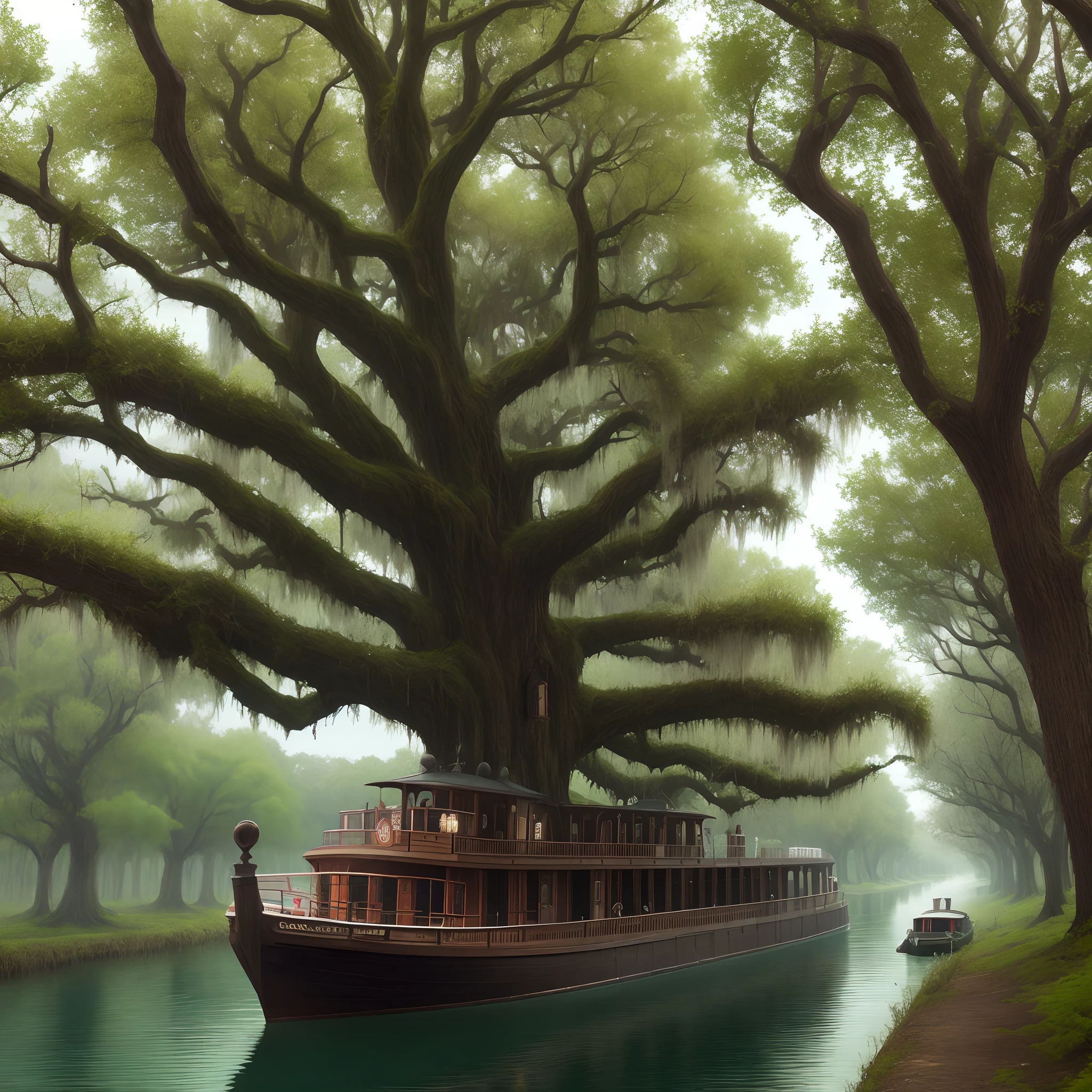 Spanish moss covered spooky trees with a riverboat in distance