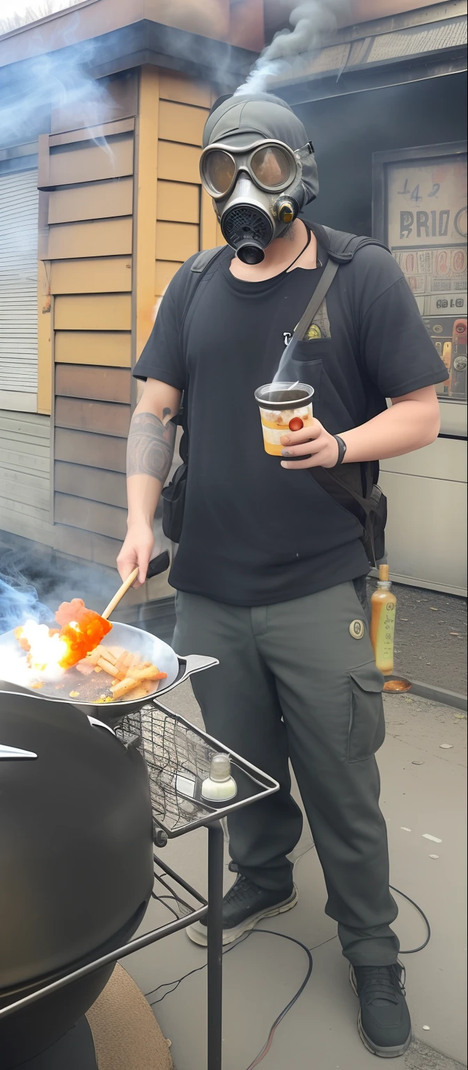 there is a man wearing a gas mask and a gas mask on, smoking a bowl of hash together, cooking it up, holding hot sauce, giving the middle finger, forming a burning hand spell, frying nails, smoking outside, smoke all around, chawick the fail wizard, with pointing finger, blowing out smoke, serving fries, in front of smoke behind