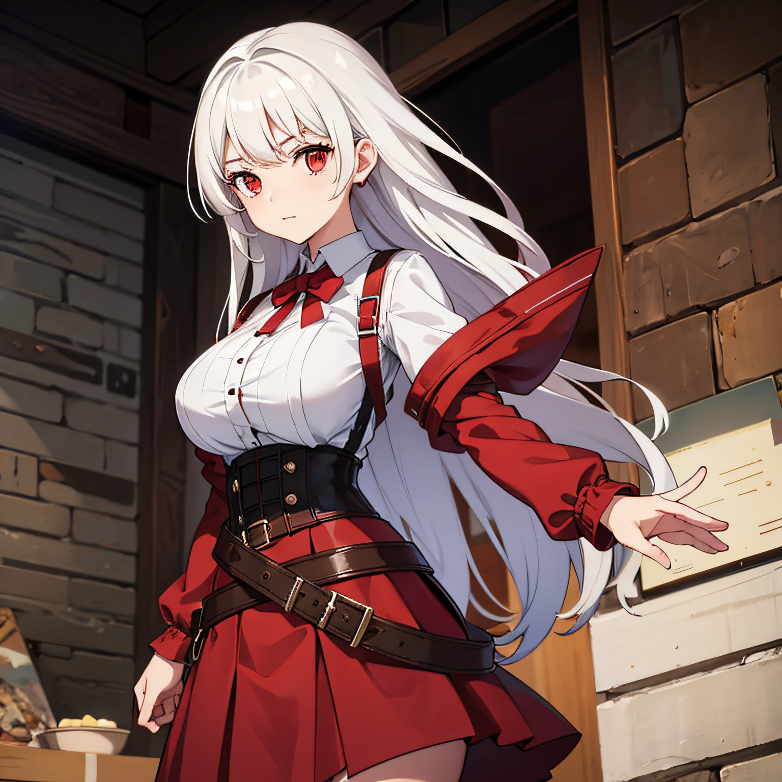 girl 15 years,red eyes,white hair,Red skirt,T-shirt with brown belt and brown corset, Big breasts,red sleeves