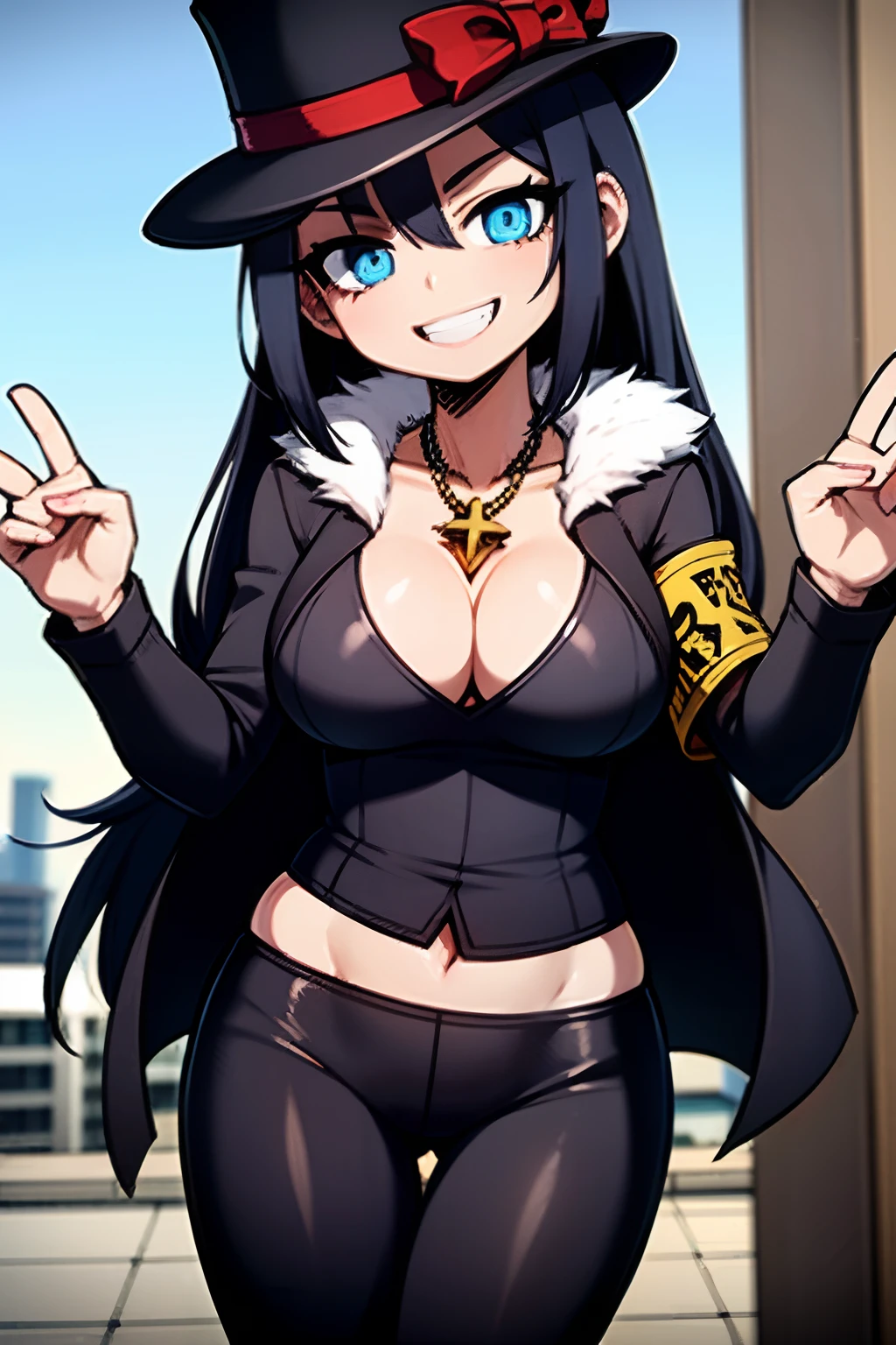 girl, dark blue hair, black leggings, white fur jacket, wearing top hat, Wizard of the Hat, 4k, in a city, Smiling masterpiece, tattooed breasts